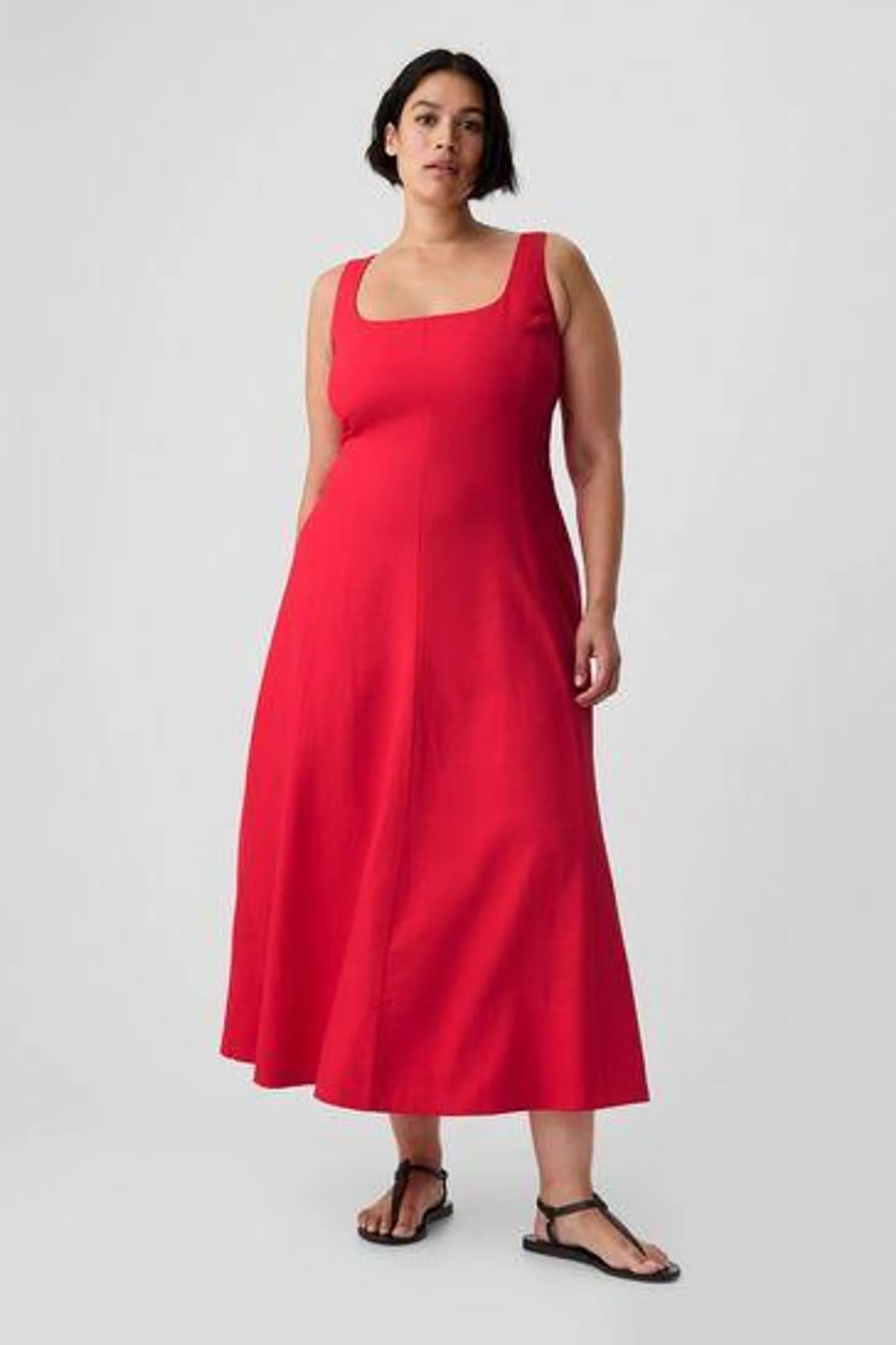 Linen Blend Square Neck Midi Dress