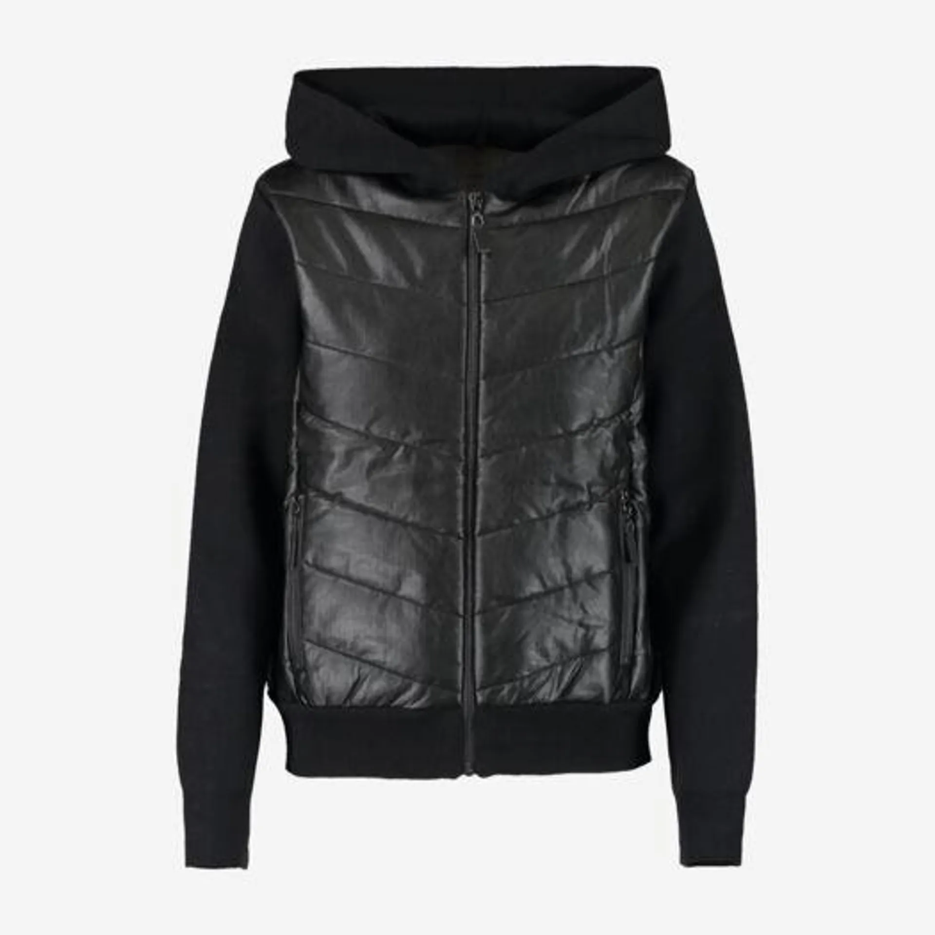 Black Sweater Sleeve Faux leather Puffer Jacket