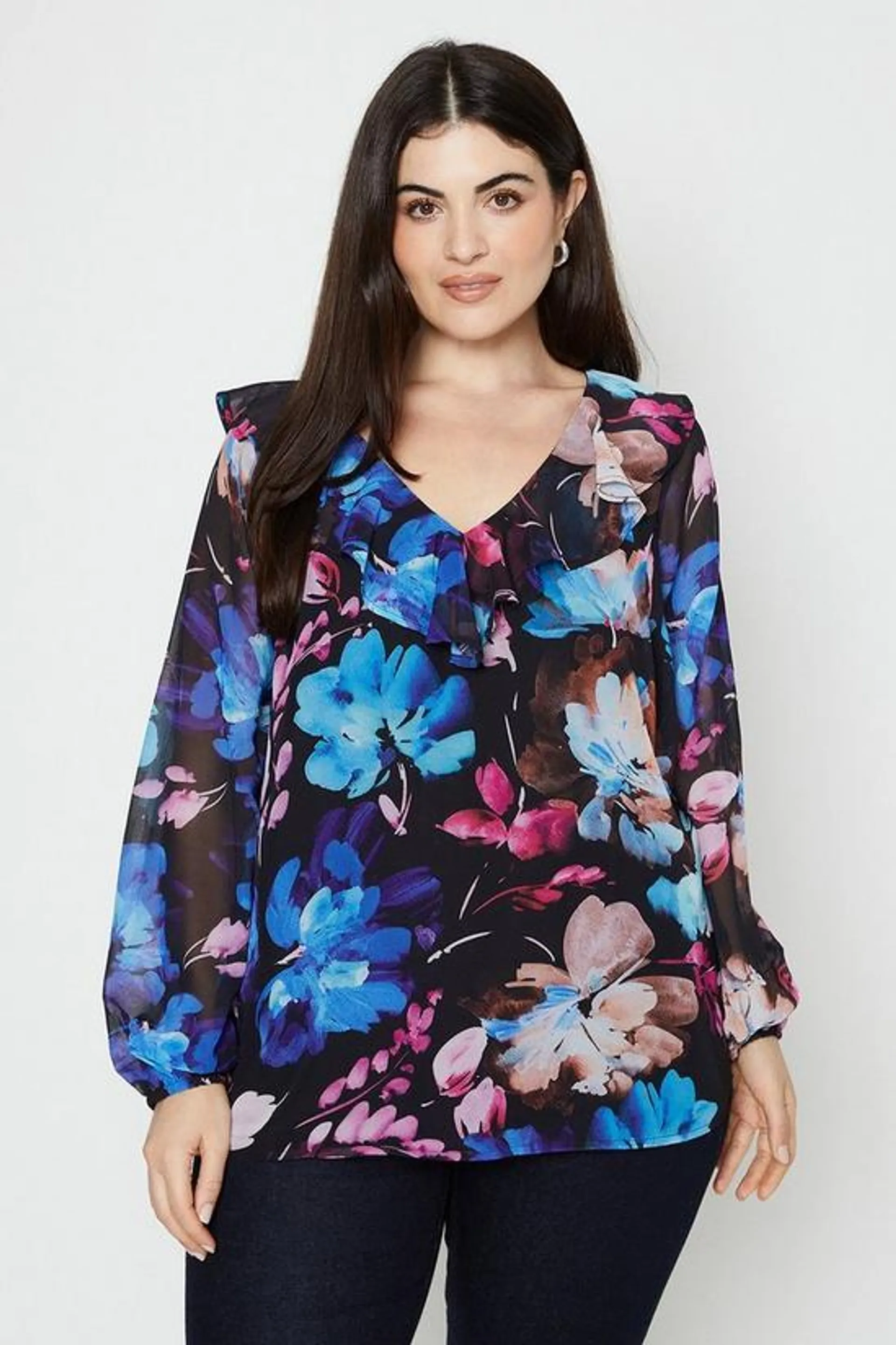 Curve Black Floral Frill Neck Woven Top