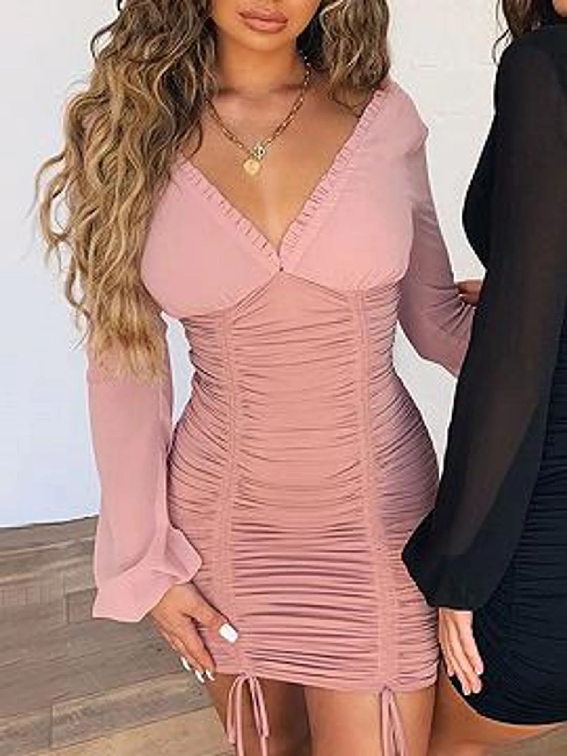 Pink V-neck Frill Trim Long Sleeve Bodycon Mini Dress