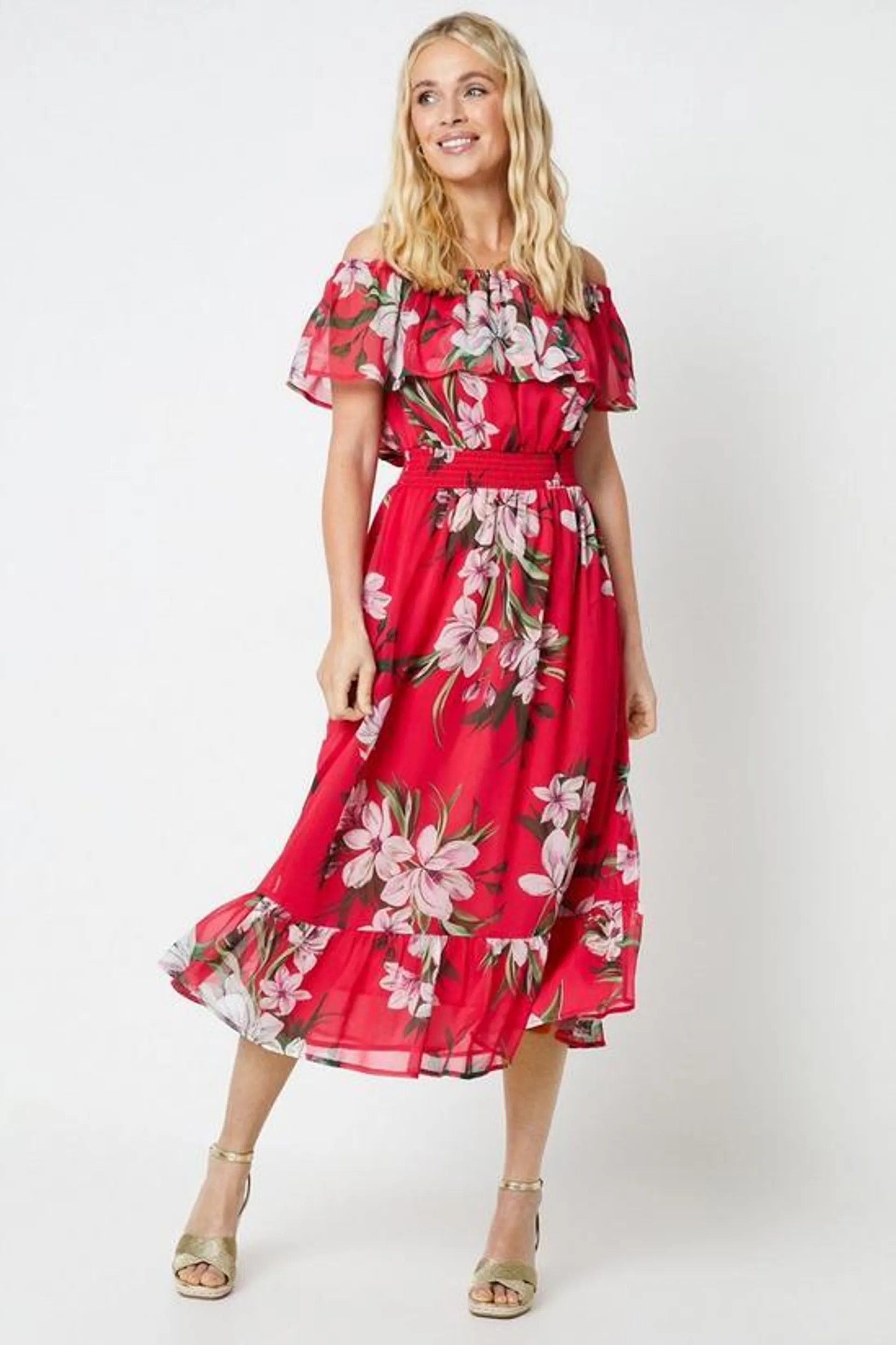 Petite Pink Floral Print Chiffon Bardot High Low Hem Midi Dress