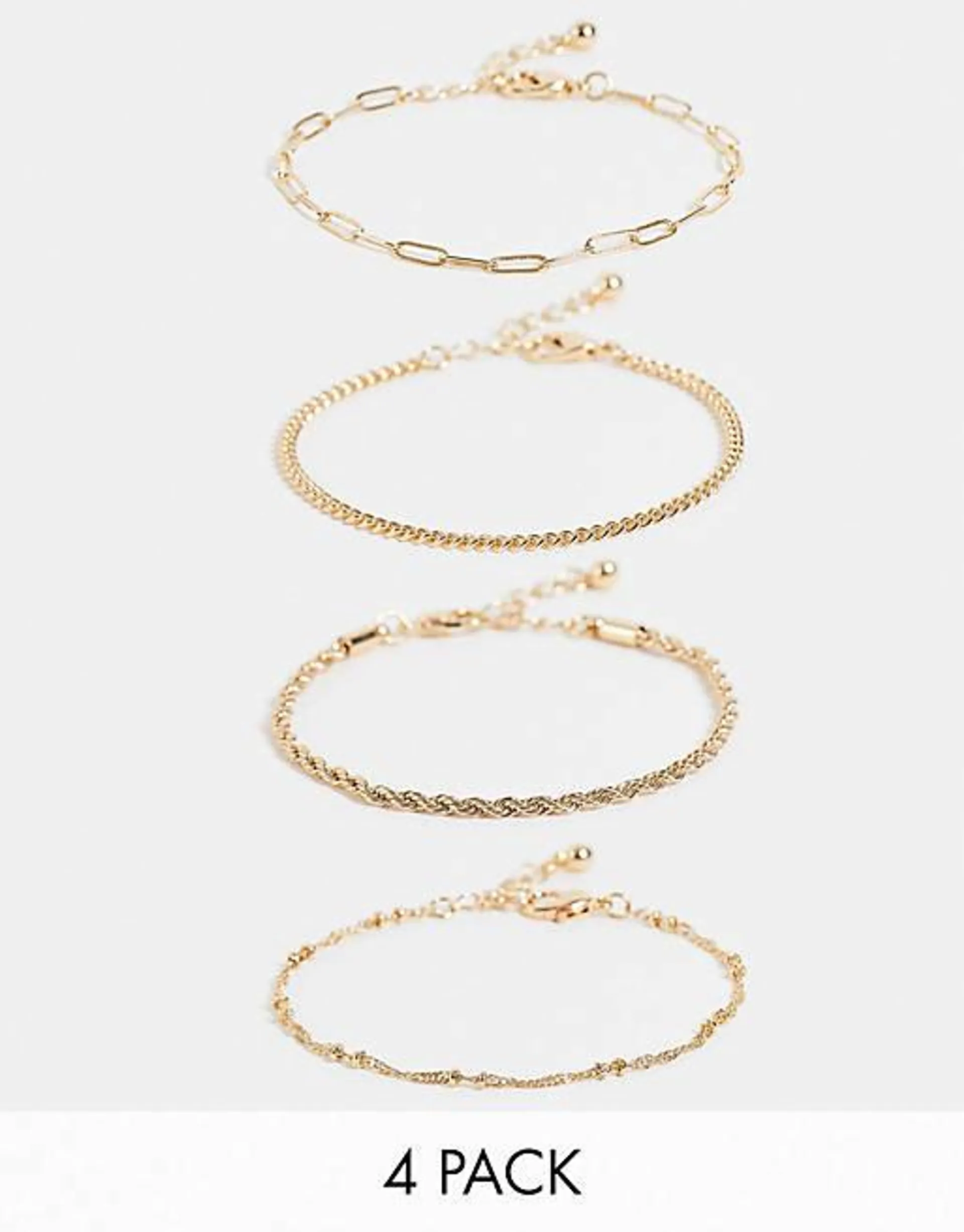 ASOS DESIGN pack of 4 fine chain bracelets in gold tone