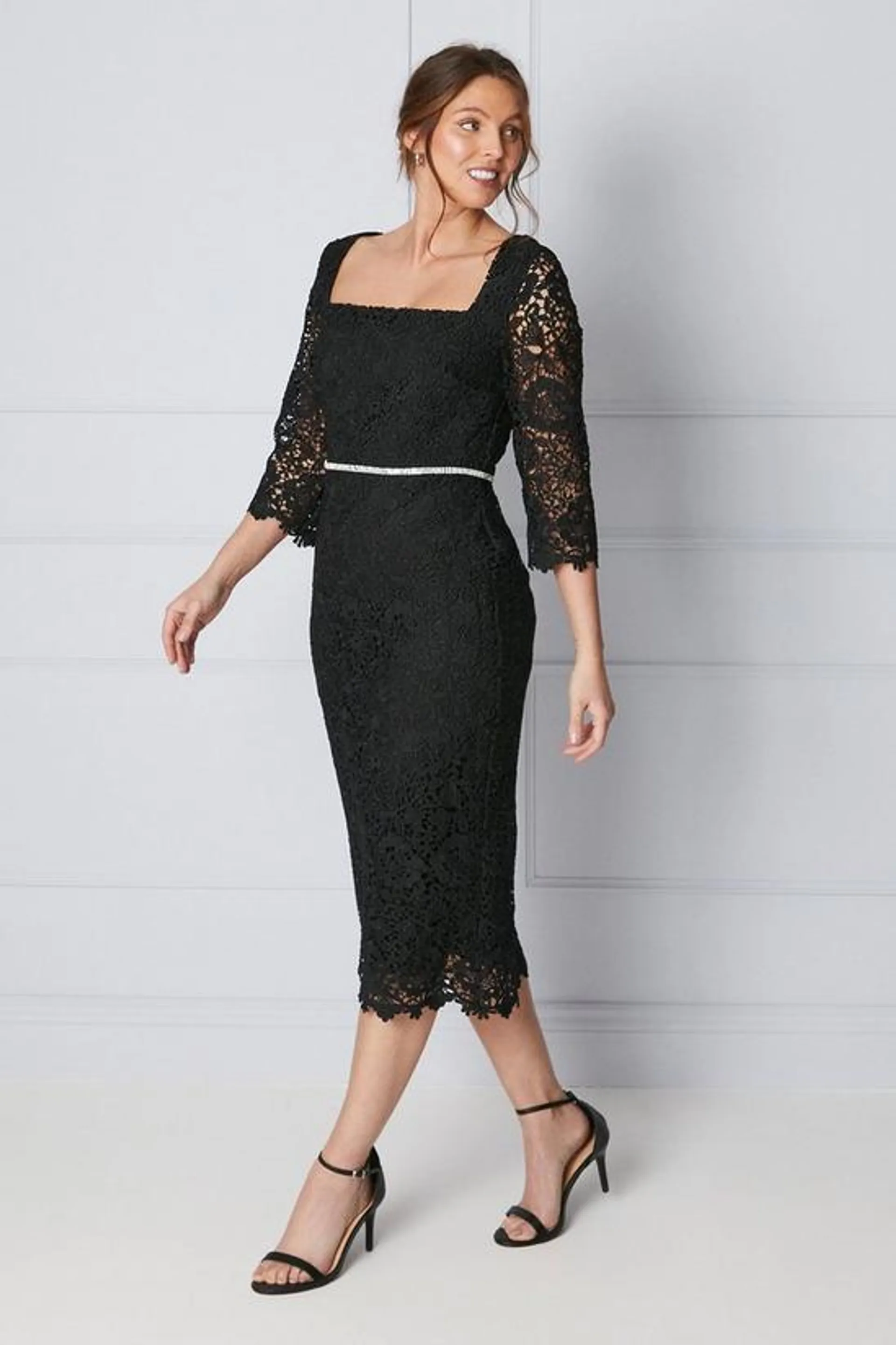 Premium Lace Embellished Waist Midi Dress