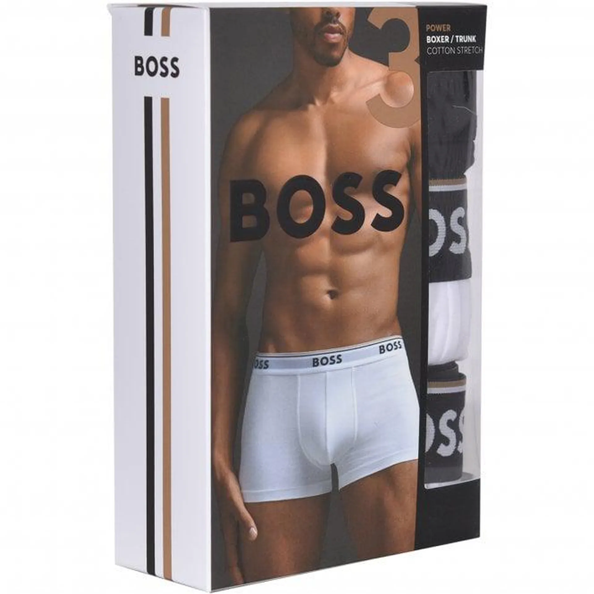 BOSS 3-Pack Power Stripe & Solid Boxer Trunks, Beige/White/Black