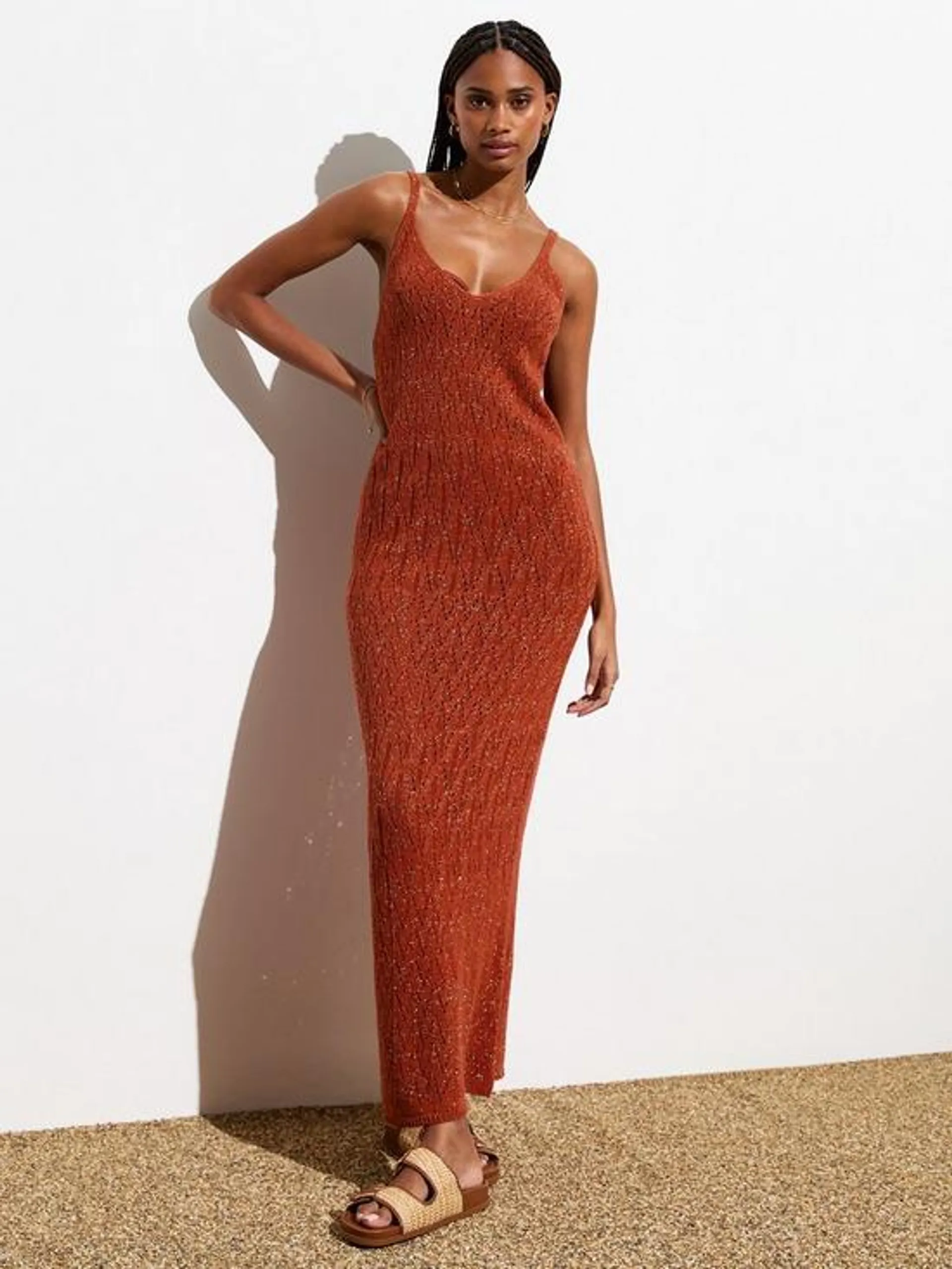 Rust Glitter Crochet Maxi Beach Dress