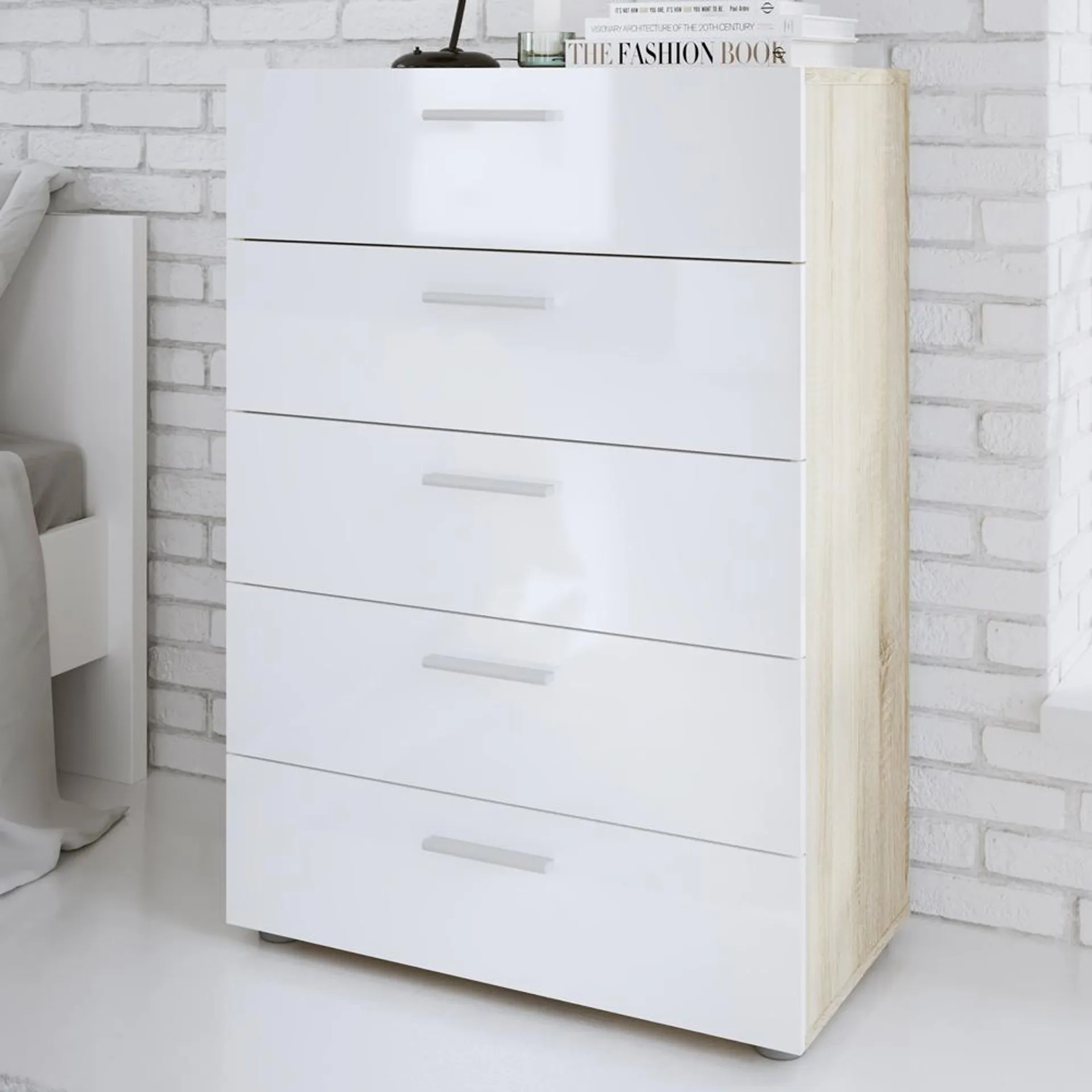 Florence 5 Drawer Oak and White High Gloss Chest of Drawers