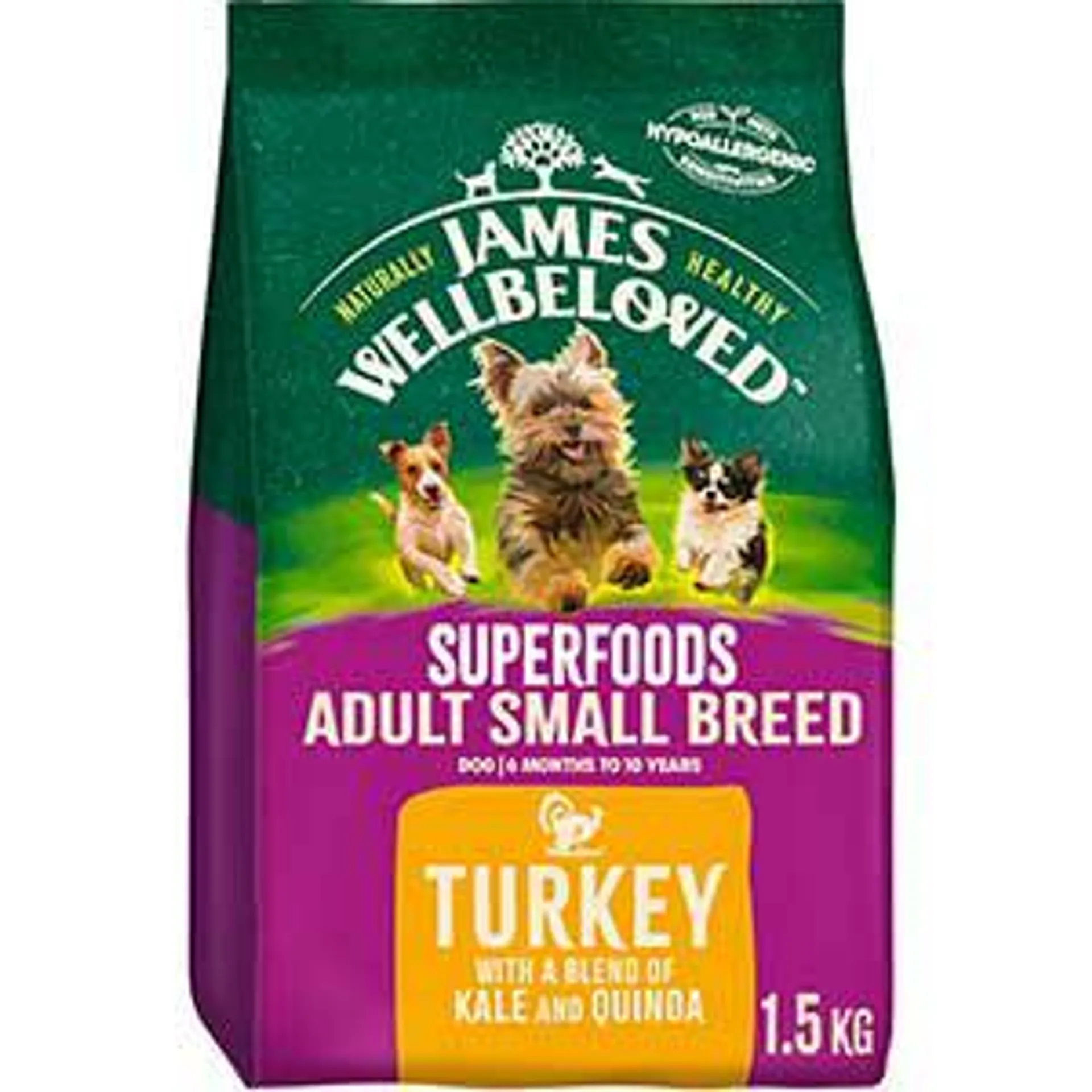 James Wellbeloved Superfoods Small Breed Dry Adult Dog Food Turkey & Kale 1.5kg
