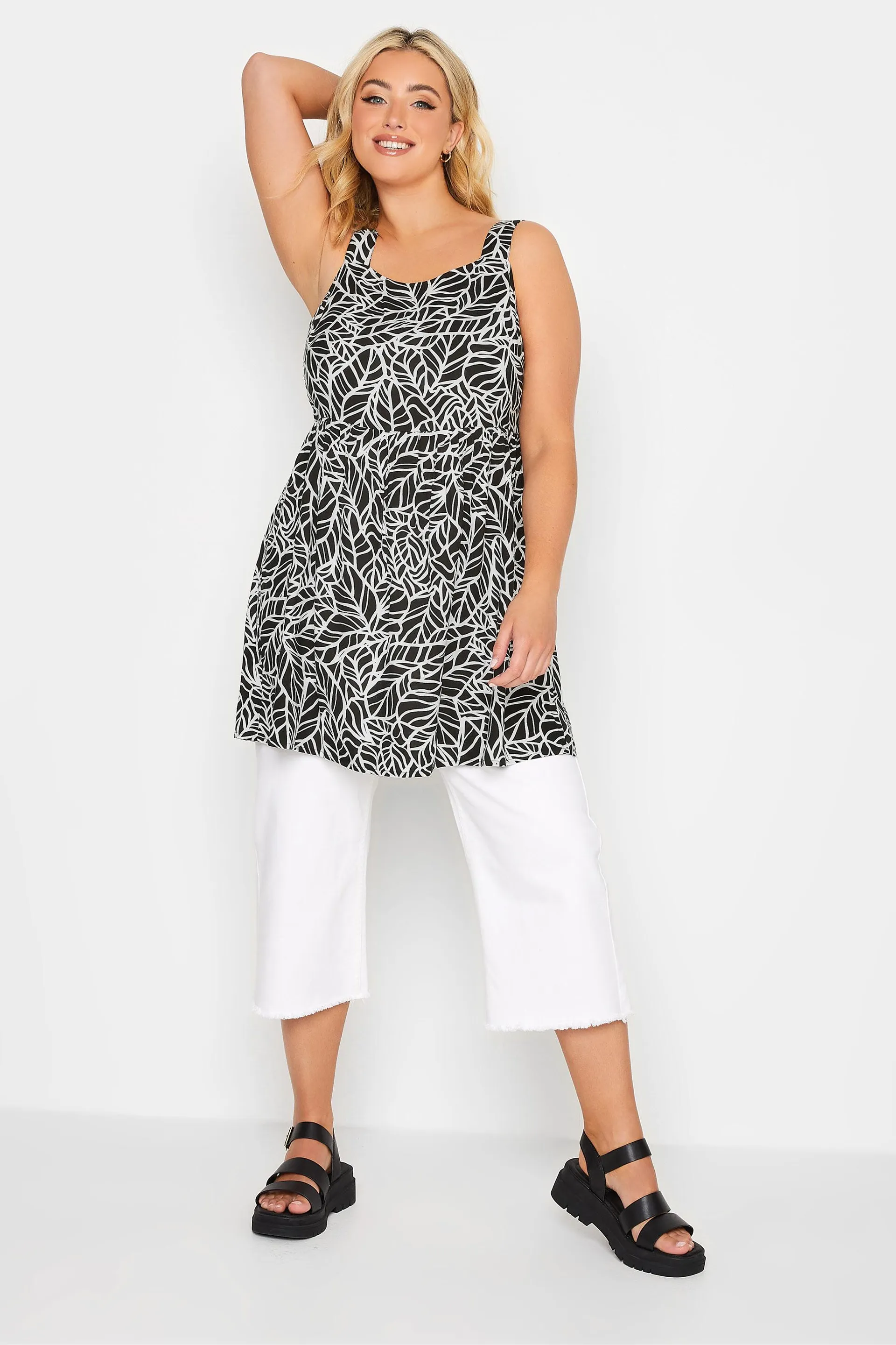 YOURS Curve Black Leaf Print Bow Back Vest Top