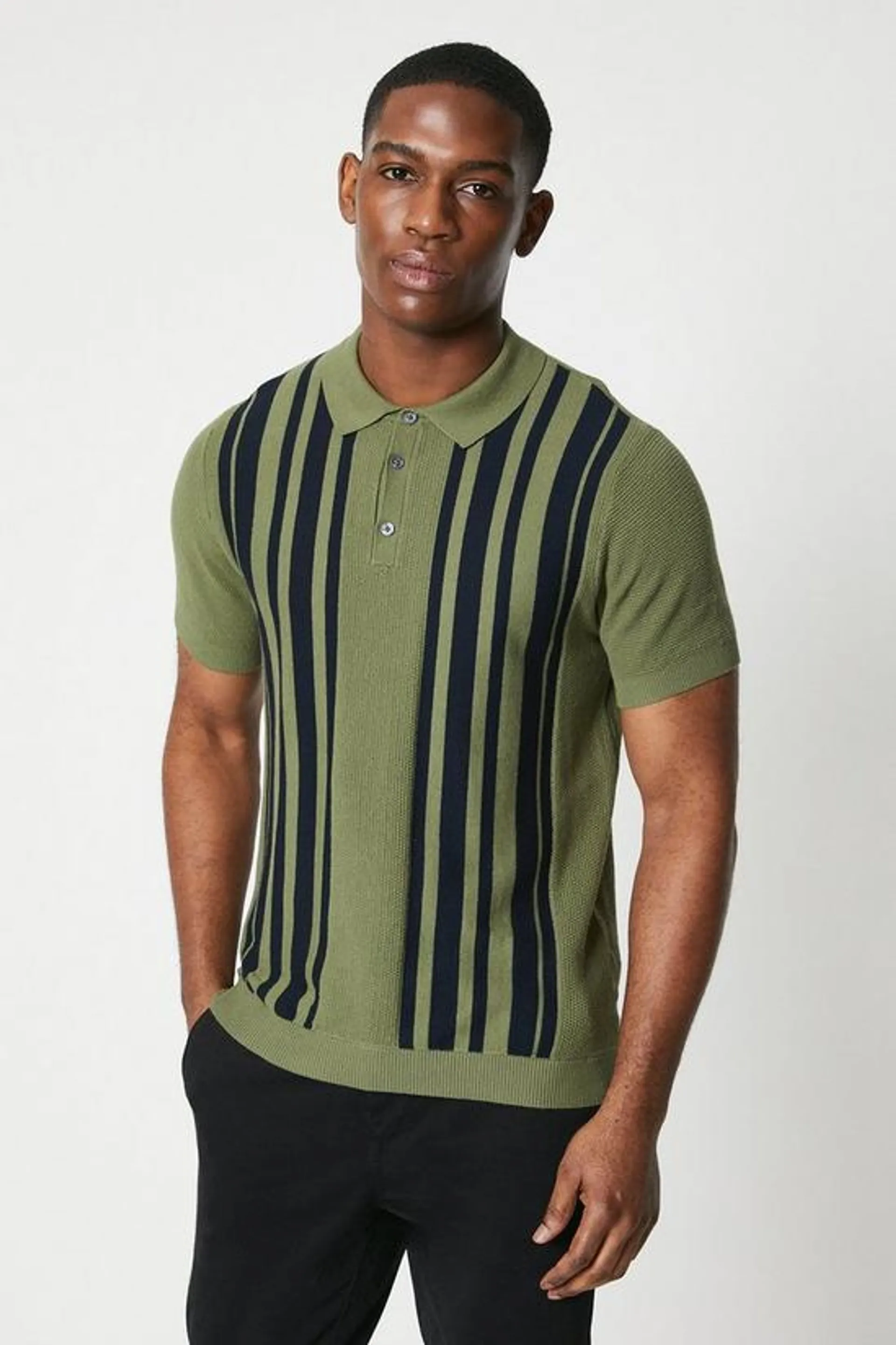 Moss Stitch Placement Stripe Knitted Polo