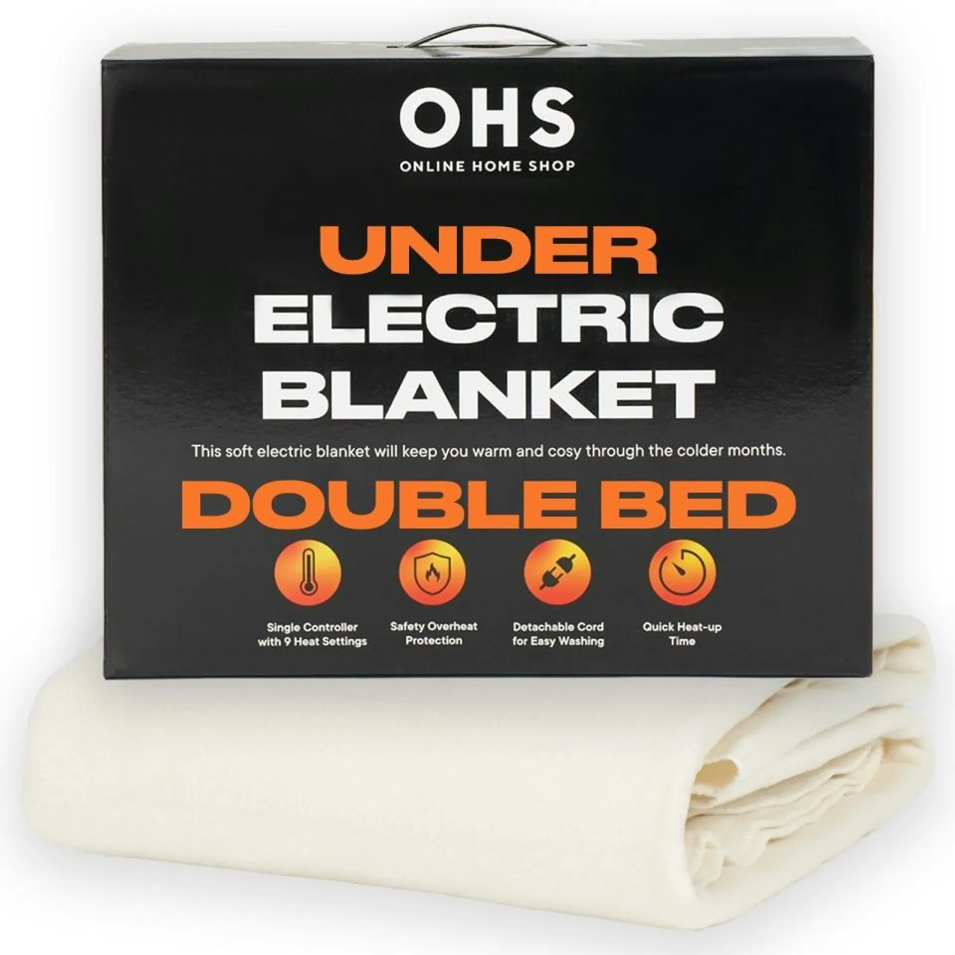 OHS Electric Under Blanket Heated Remote Control 3 Heat Fleece, Double - White