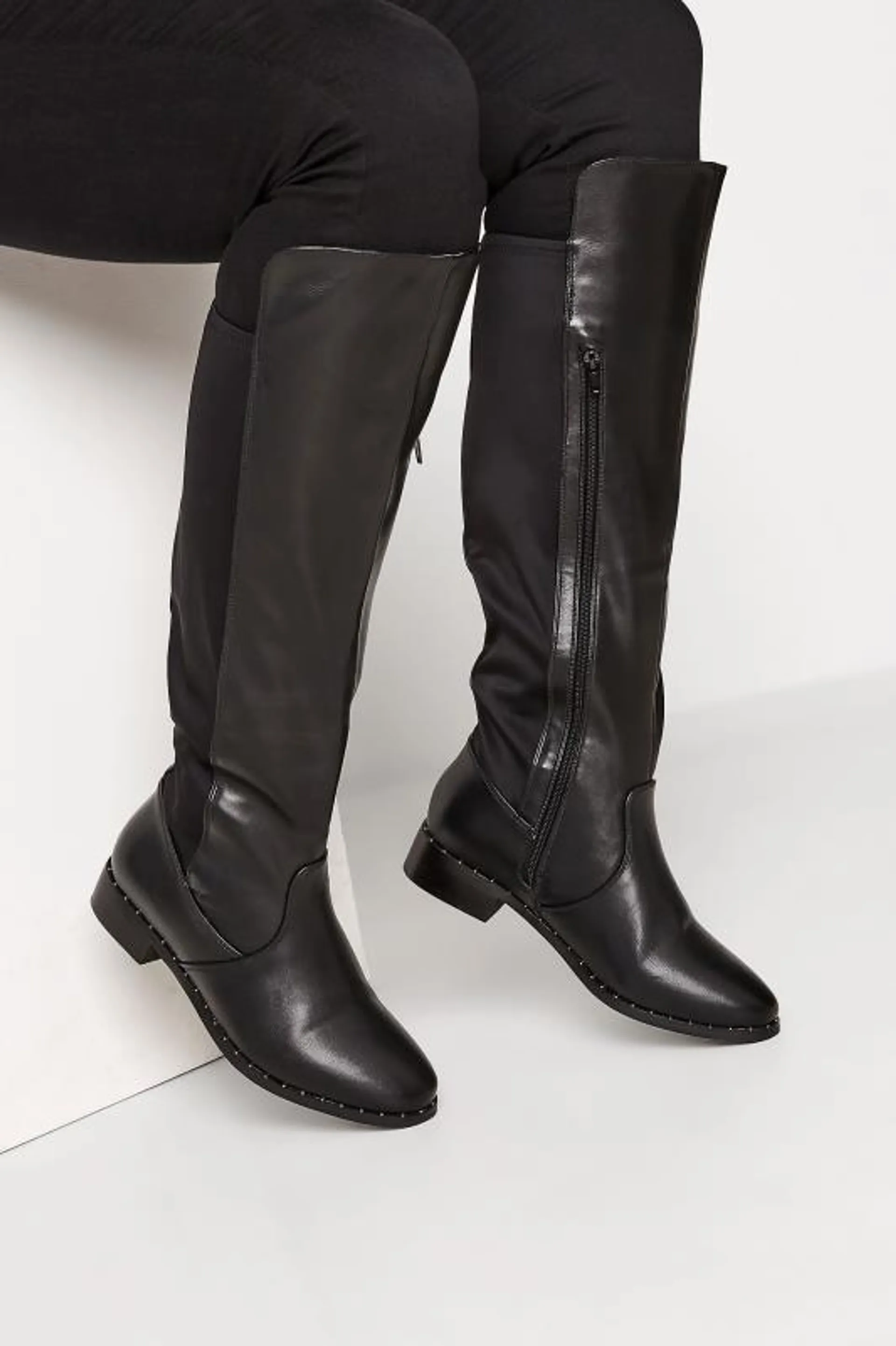 Black Studded Knee High Boots In Wide E Fit & Extra Wide EEE Fit