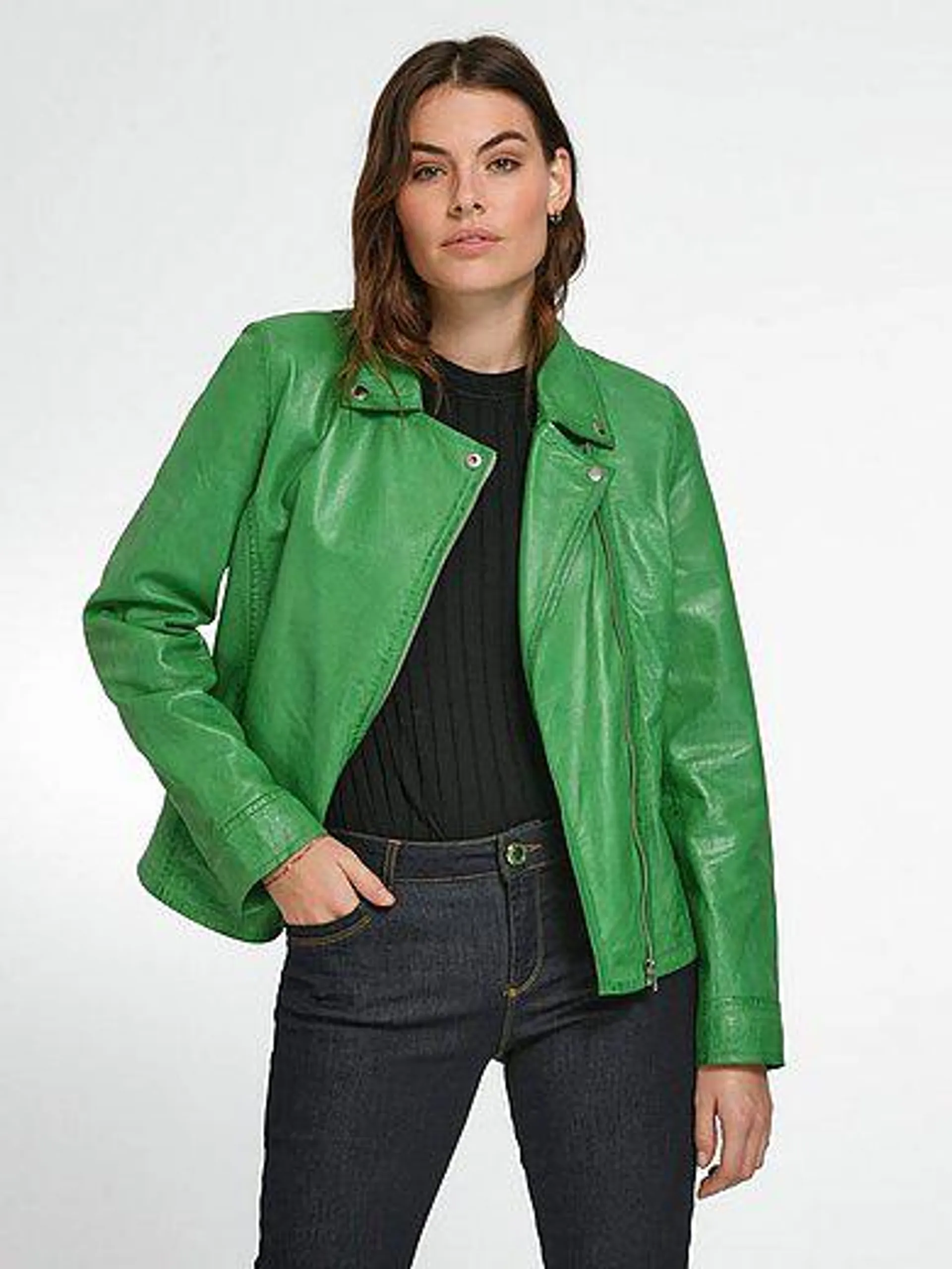 Leather jacket with an asymmetrical zip