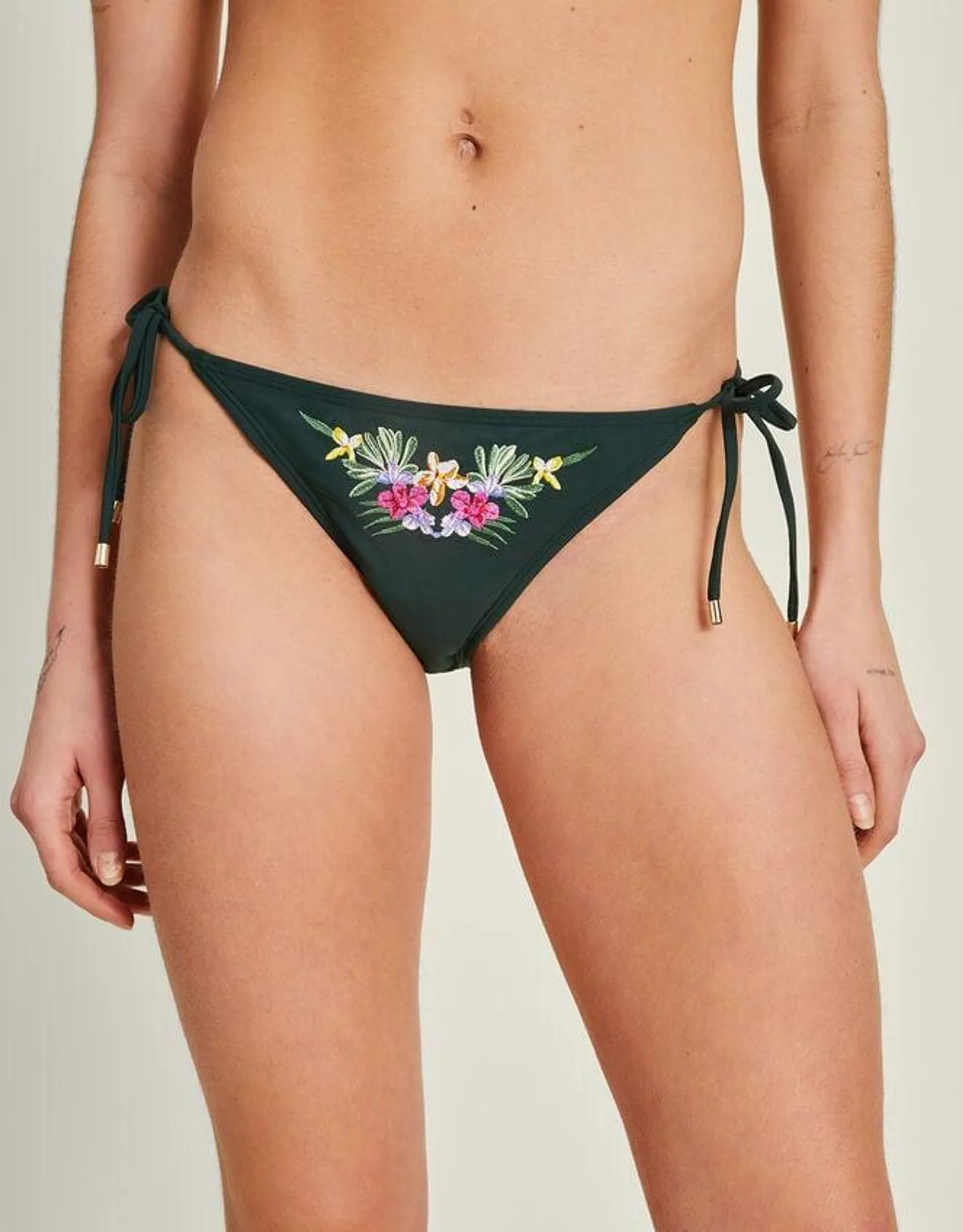 Embroidered Flower Tie Bikini Bottoms Green