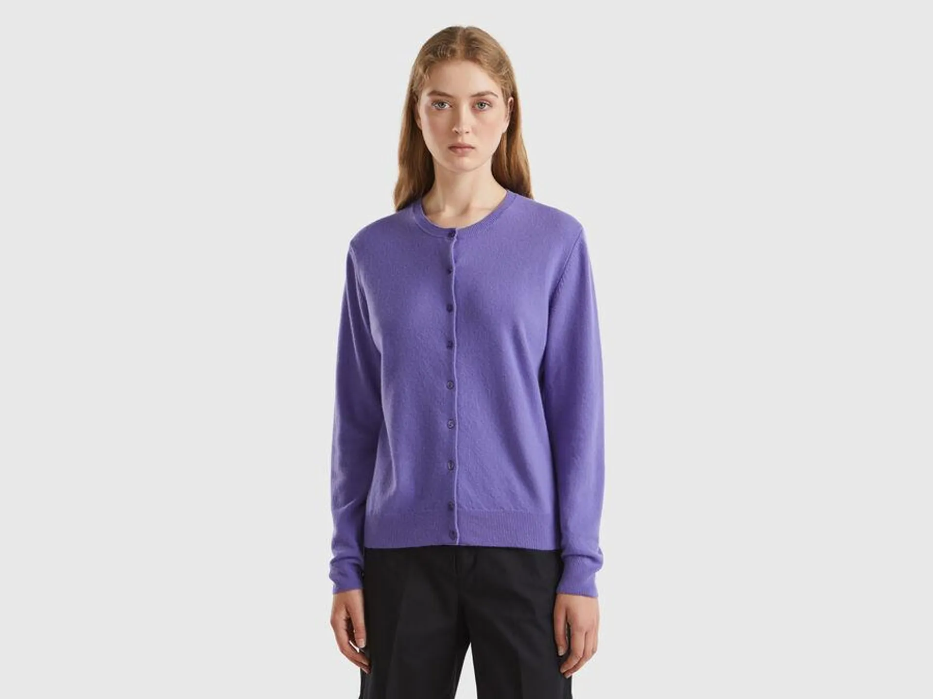 Purple crew neck cardigan in pure Merino wool