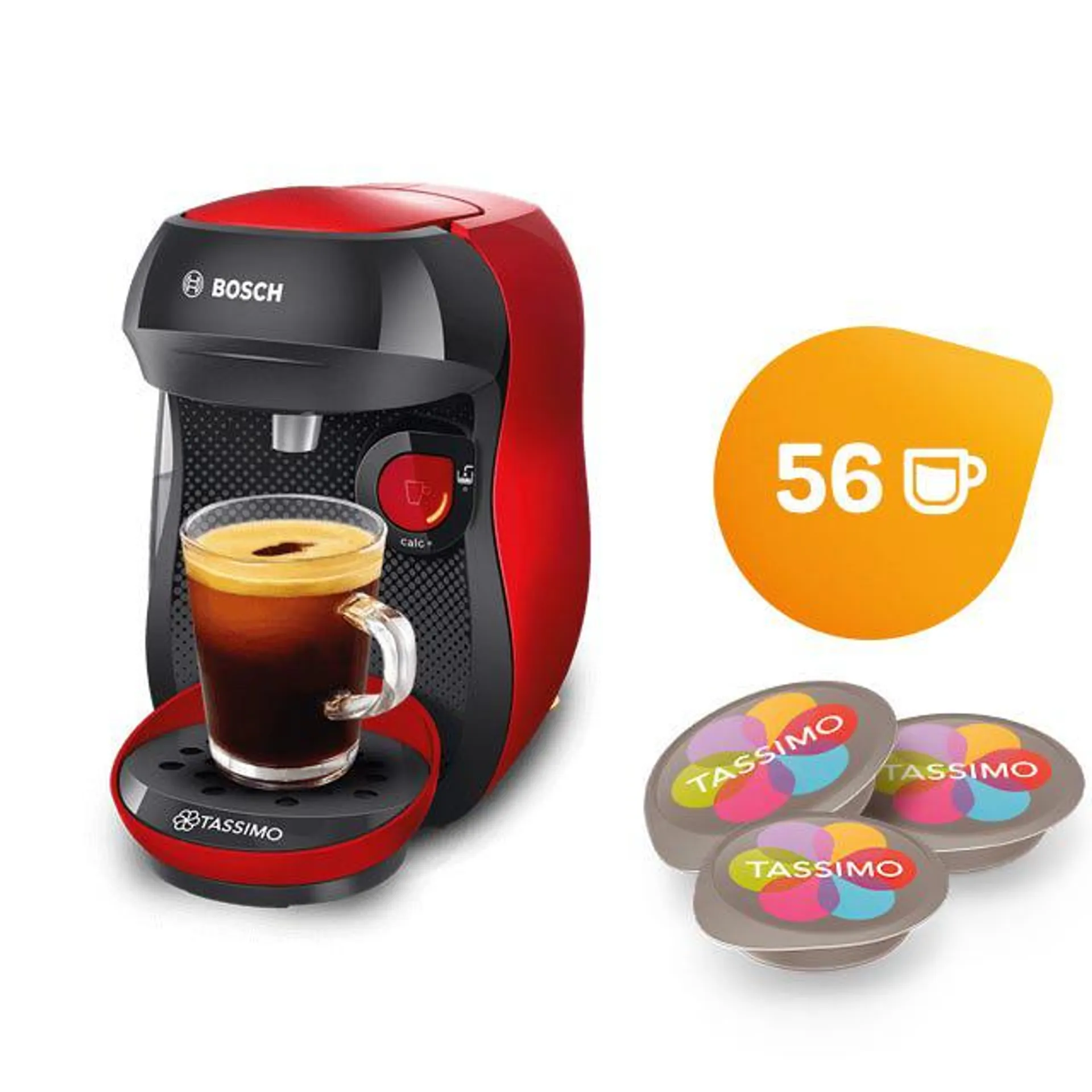 Happy Red And Black Coffee Machine & Tassimo Best Sellers Coffee Capsule Selection