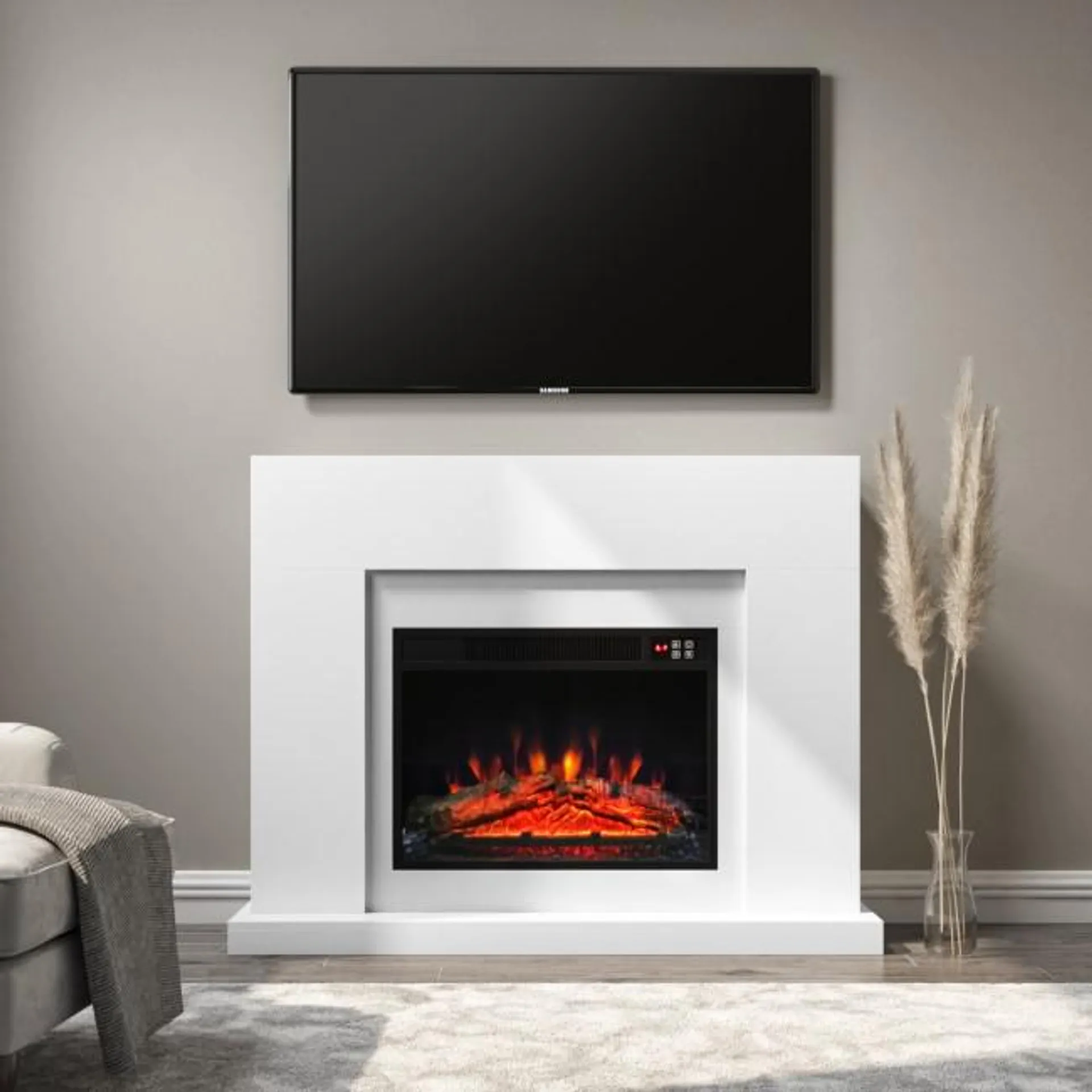 White Freestanding Electric Fireplace Suite with Log Effect - Amberglo