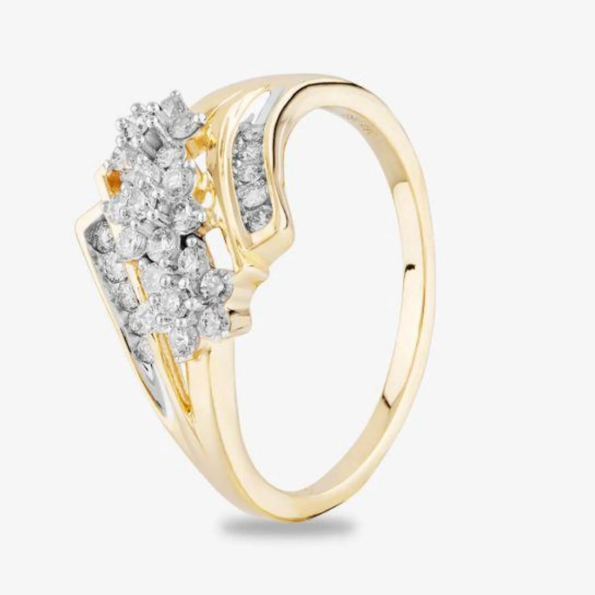 9ct Yellow Gold 0.50ct Diamond Flower Cluster Crossover Ring