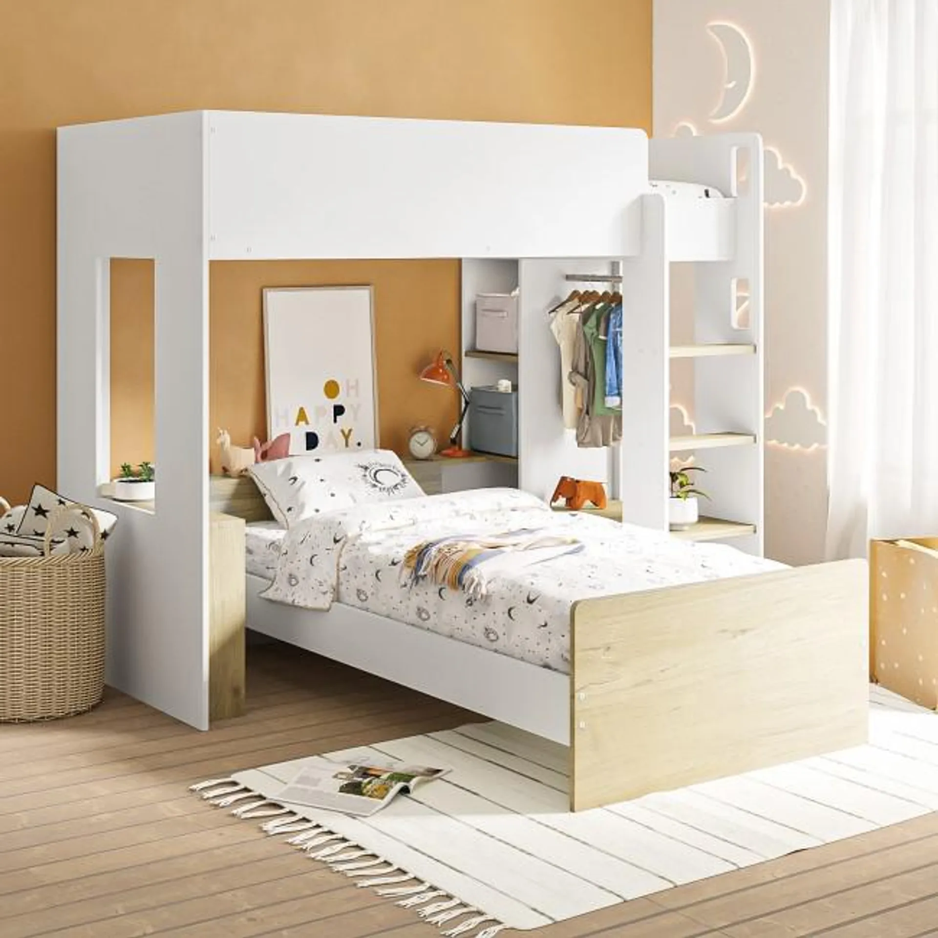 L-Shaped Detachable Bunk Bed with Storage in White and Oak - Layne