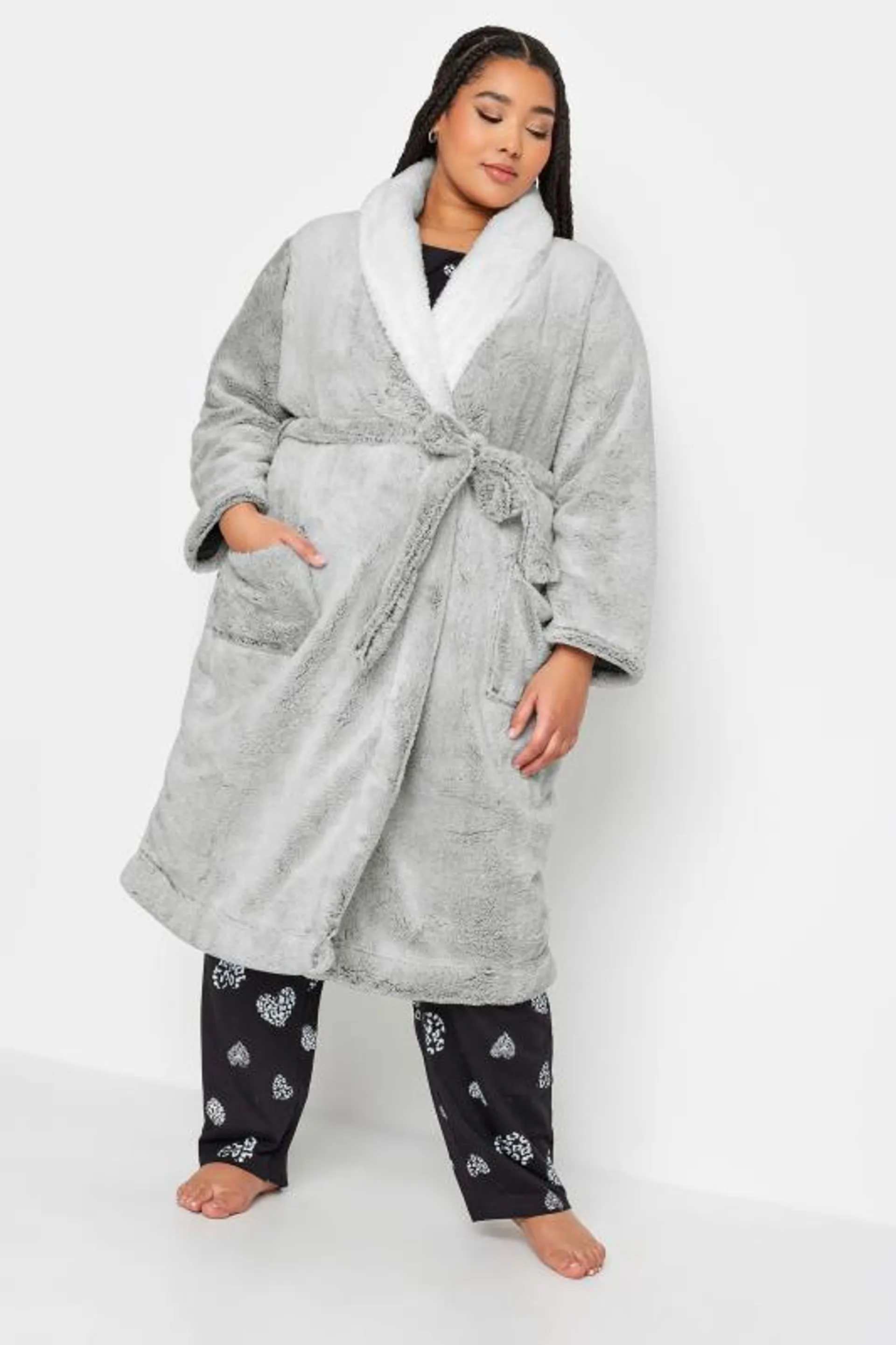 YOURS Curve Light Grey Soft Touch Fleece Dressing Gown