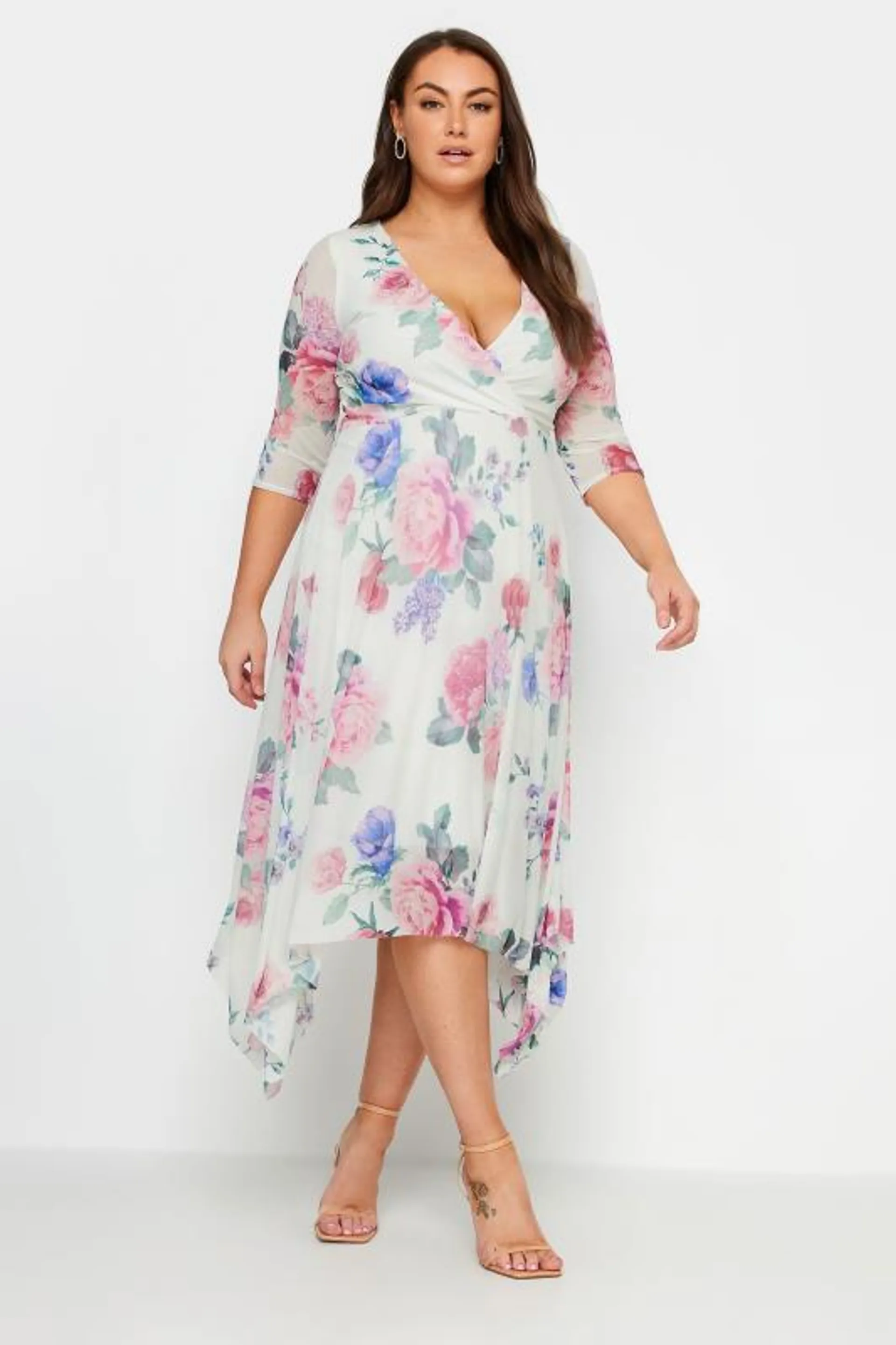 YOURS LONDON Curve White Floral Print Mesh Wrap Dress