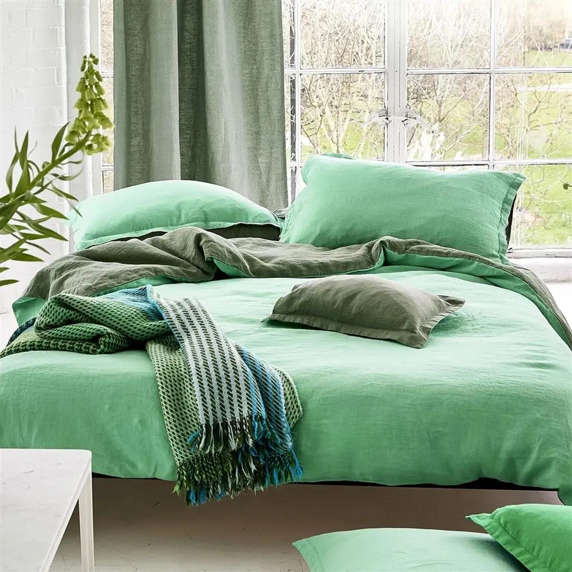 Biella Pale Jade & Olive Pure Linen Bed Linen