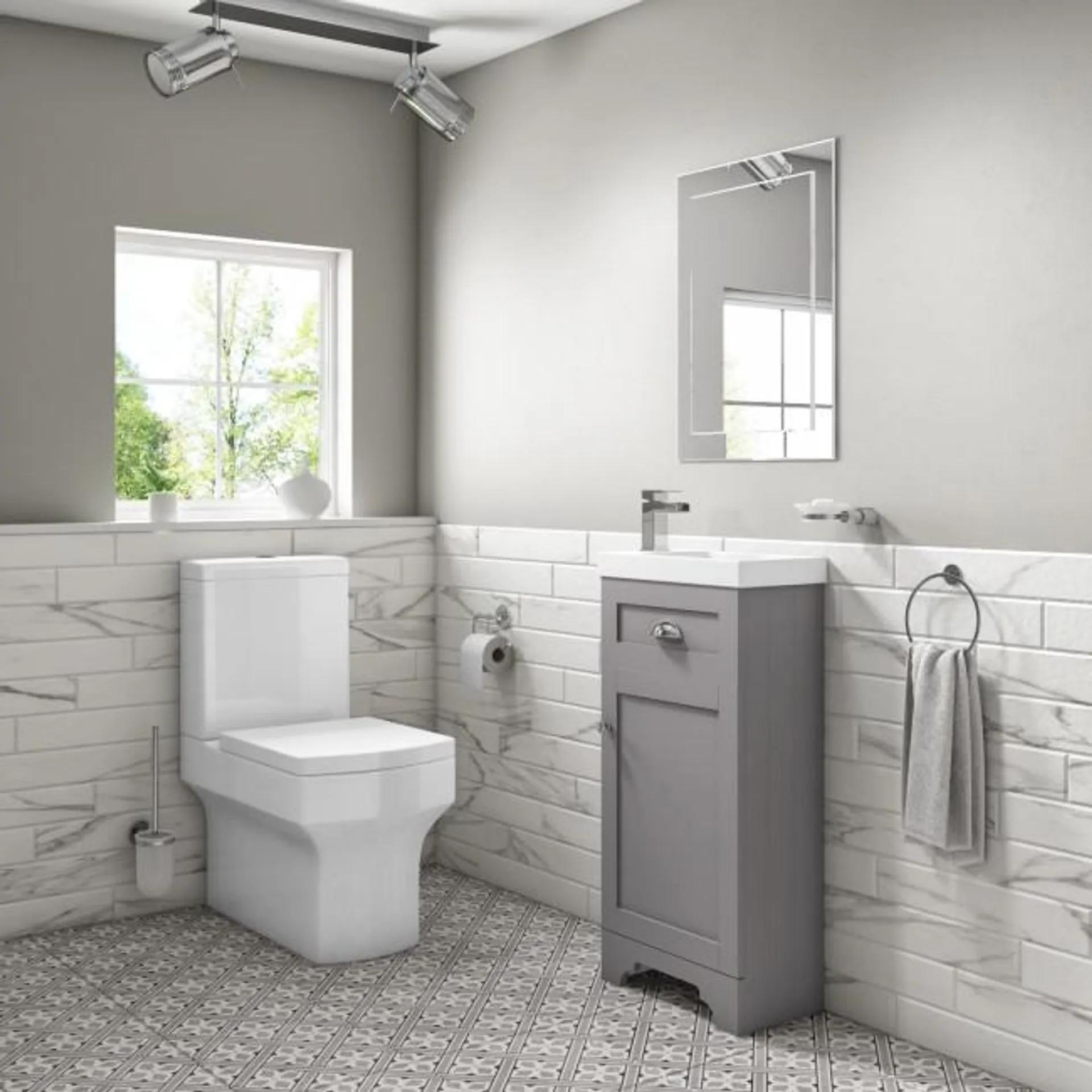 Close Coupled Toilet and Grey Vanity Unit Traditional Bathroom Suite - Baxenden