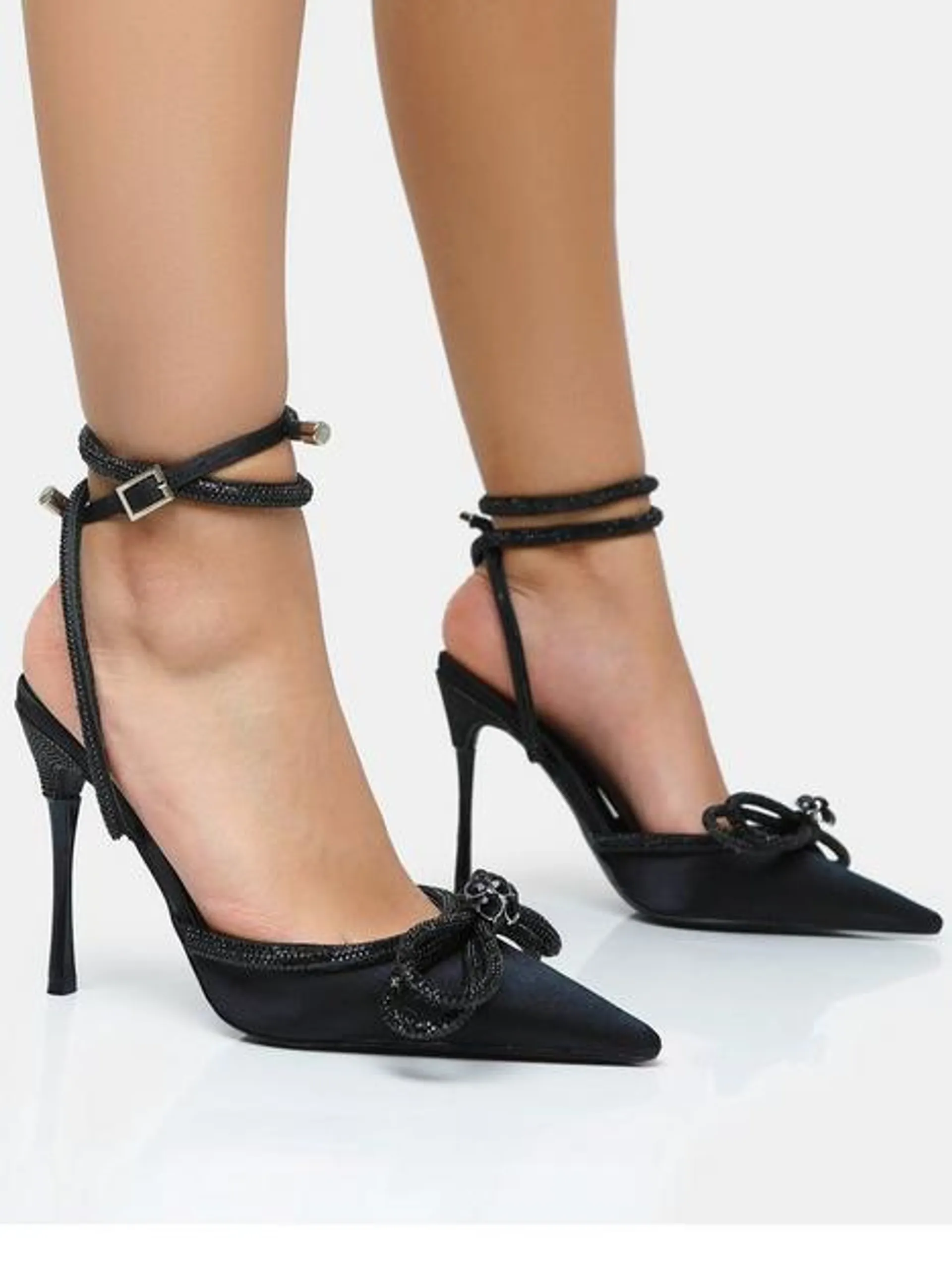 Midnight Black/ Black Trim Black Satin/ Black Diamante Heels