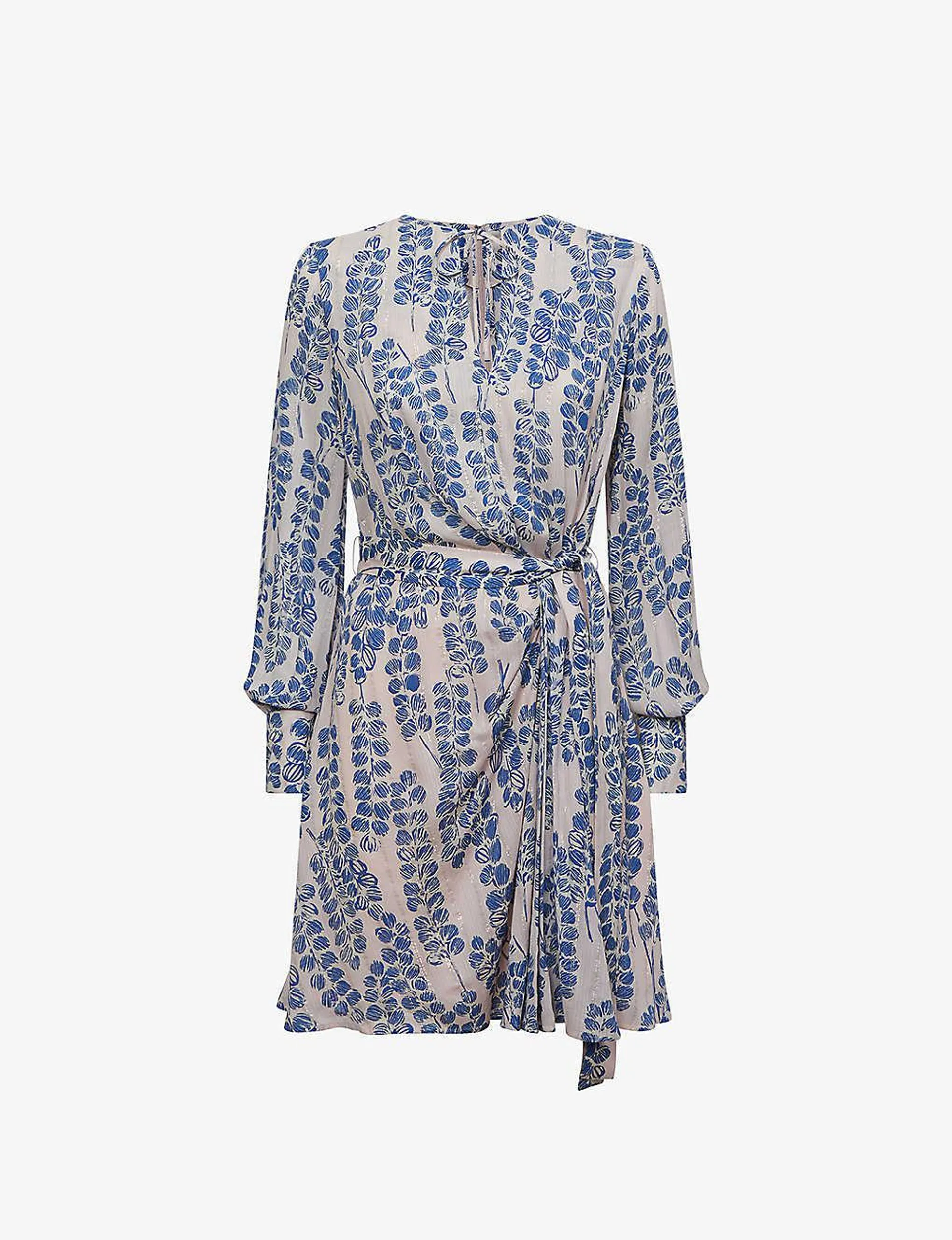 Marine leaf-print metallic-lurex woven mini dress