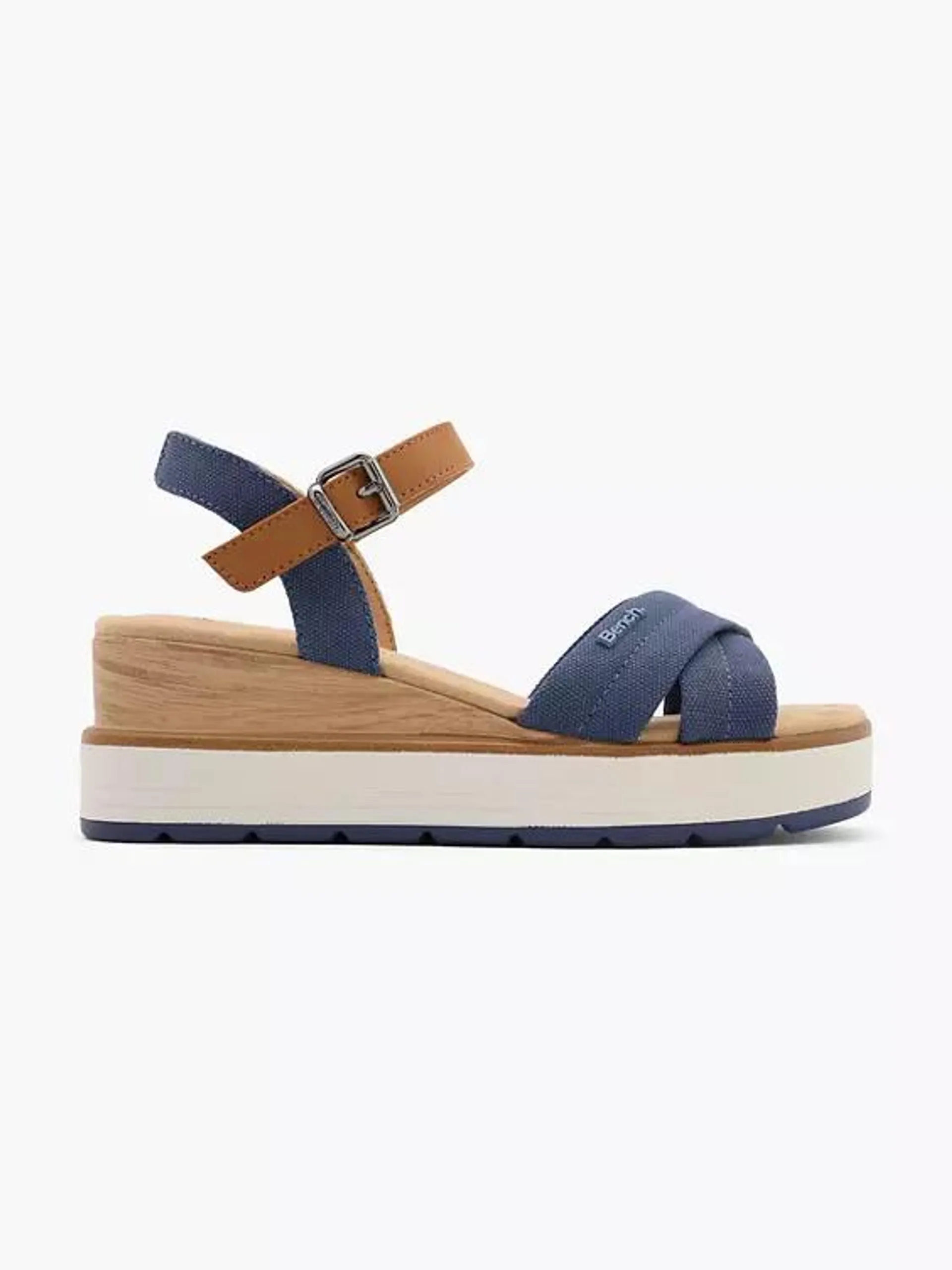 Dark Blue Wood Effect Wedge Heeled Sandal