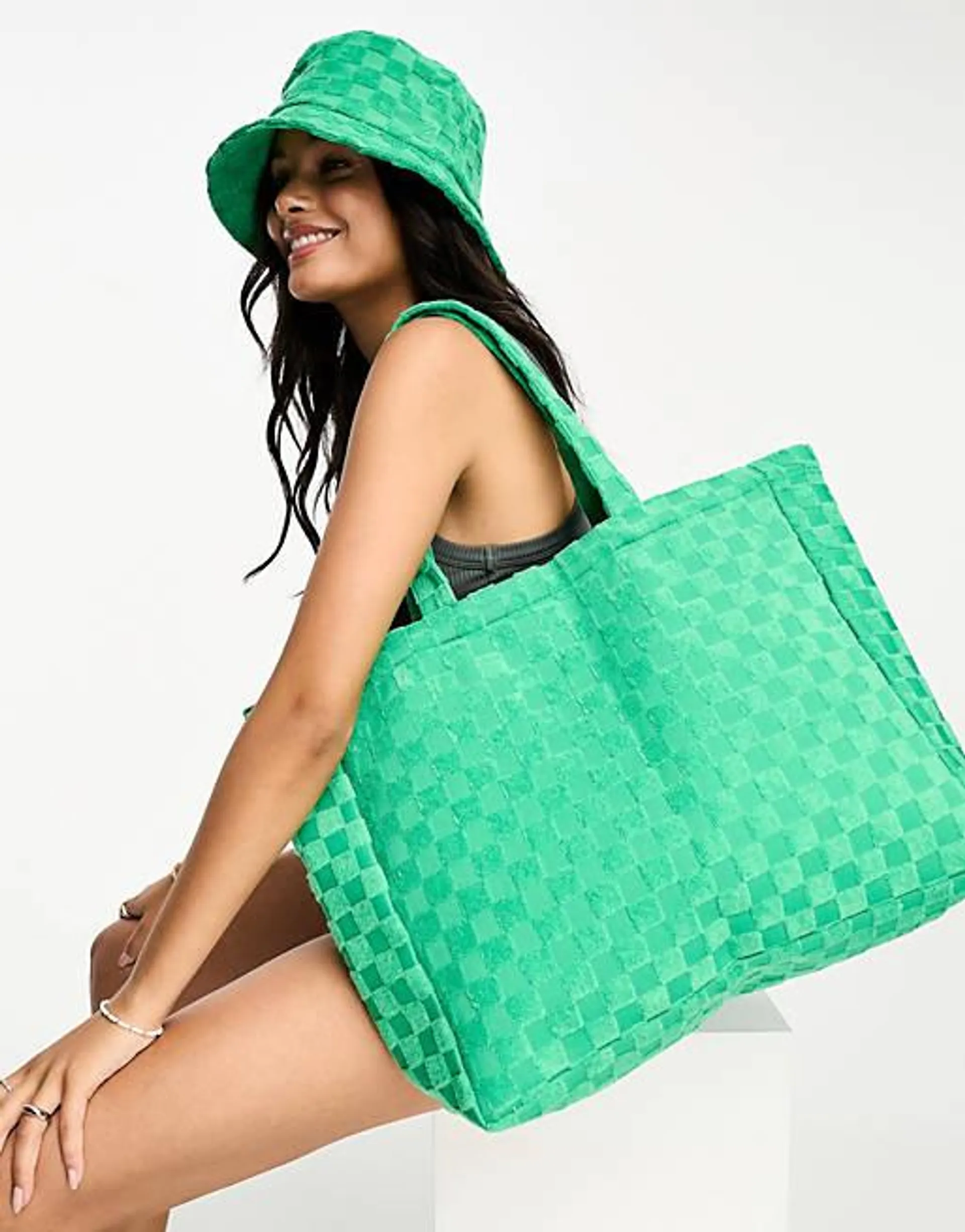 Threadbare checkerboard toweling tote bag in green