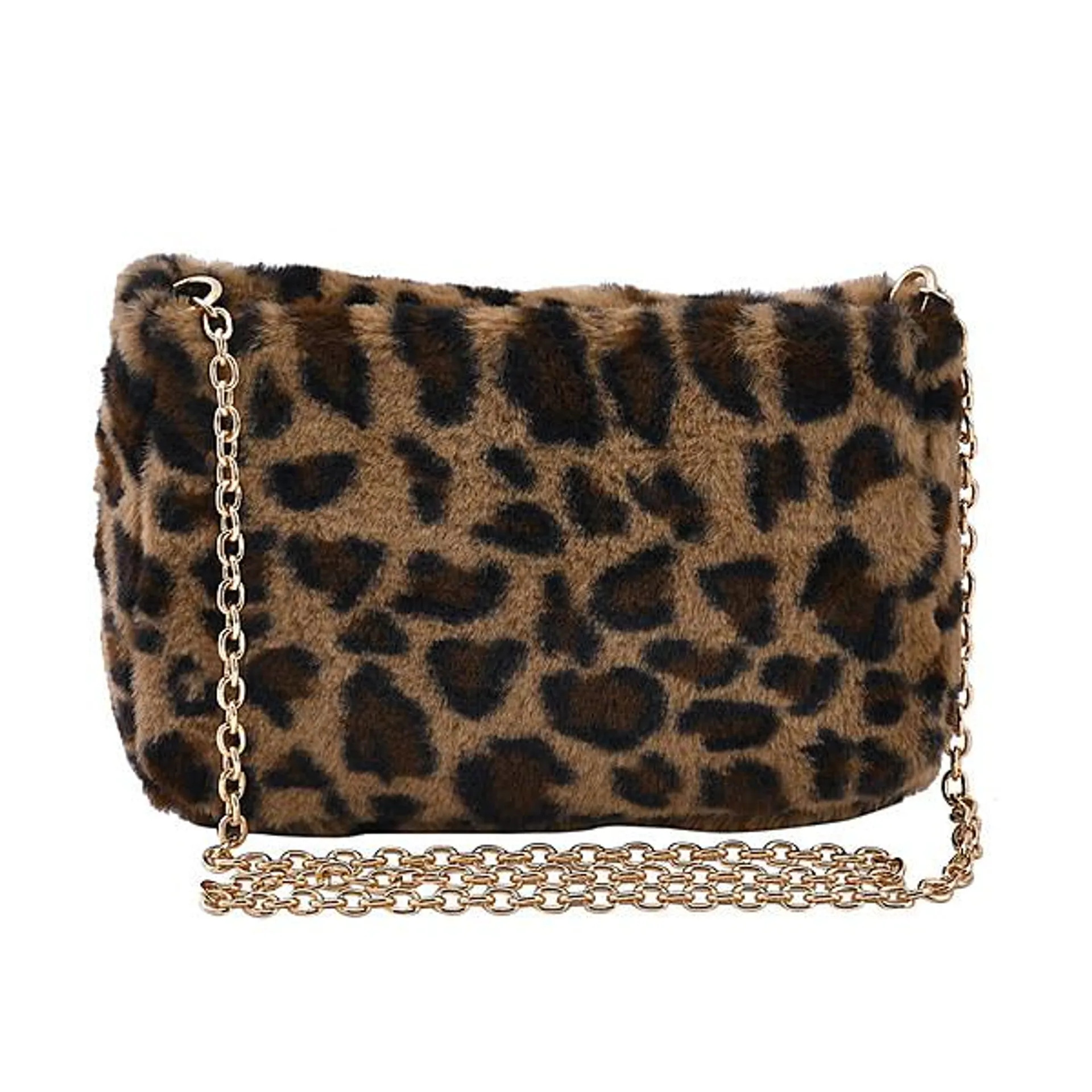 Leopard Pattern Faux Fur Shoulder Bag with Metal Chain