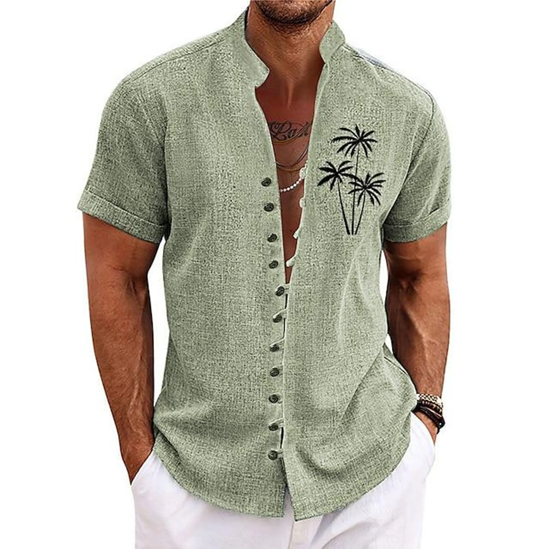 Palm Tree Shirt Mens Graphic CoconutStand Collar Blue Purple Green Khaki Gray Outdoor Street Short Sleeve Clothing Apparel Trees Casual