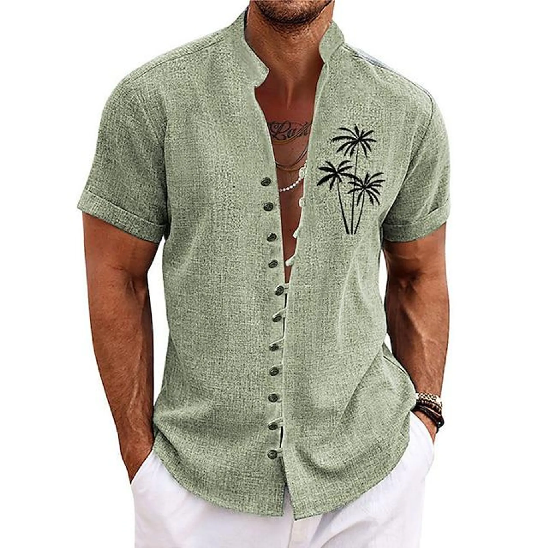 Men's Shirt Coconut Tree Graphic Prints Stand Collar Blue Purple Green Khaki Gray Outdoor Street Short Sleeve Print Clothing Apparel Fashion Streetwear Designer Casual