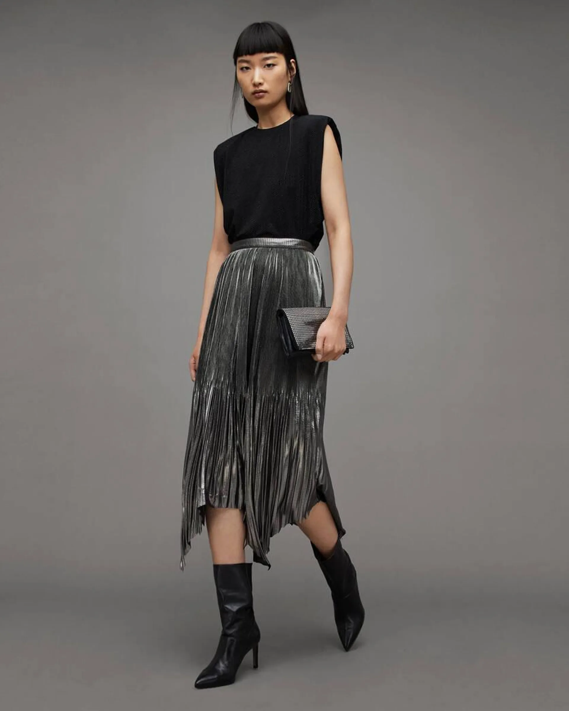 Lerin Metallic Asymmetric Midi Skirt