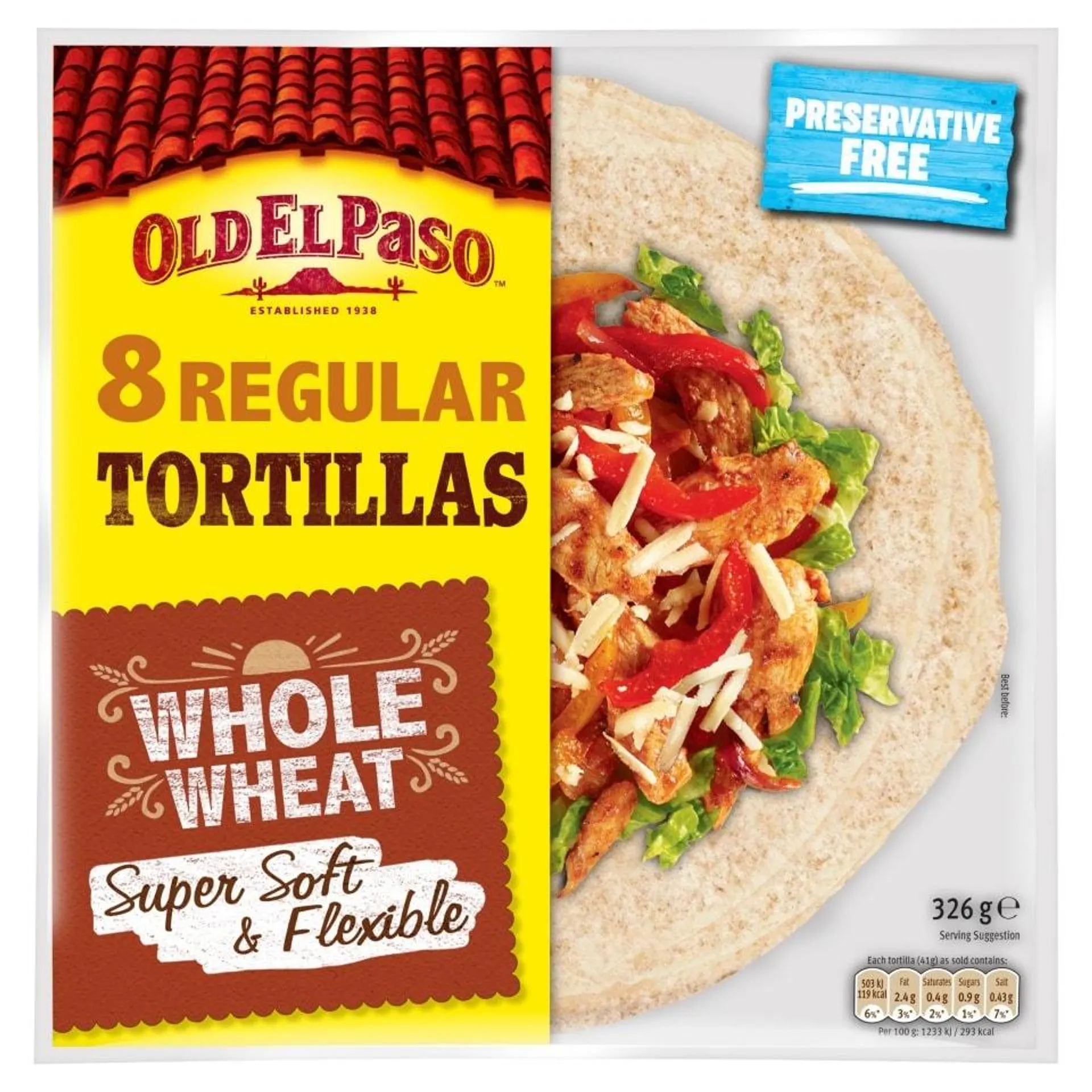 Old El Paso Super Soft Flour Tortillas Whole Wheat 8Pk 326G