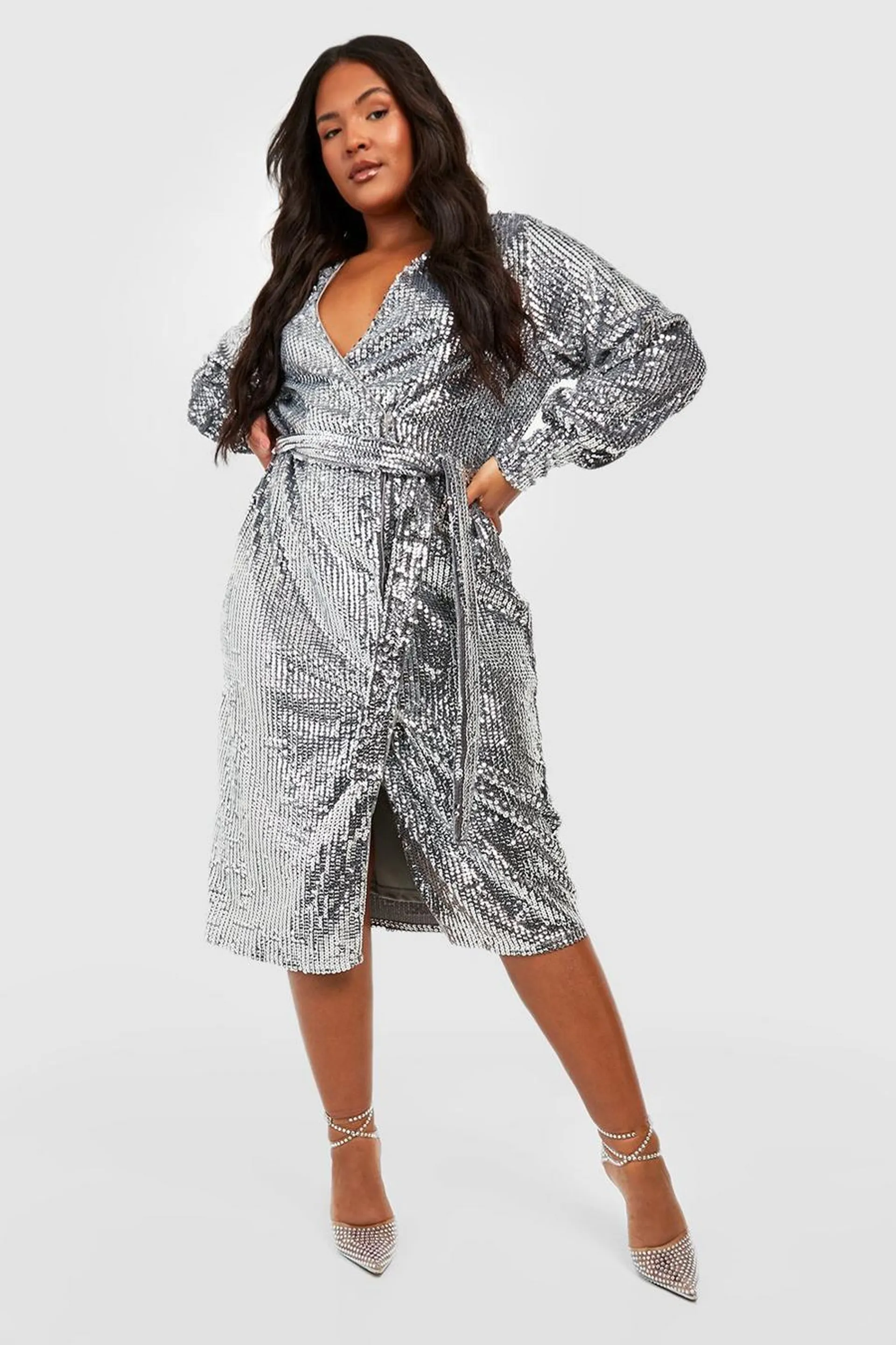 Plus Matte Sequin Wrap Midi Dress