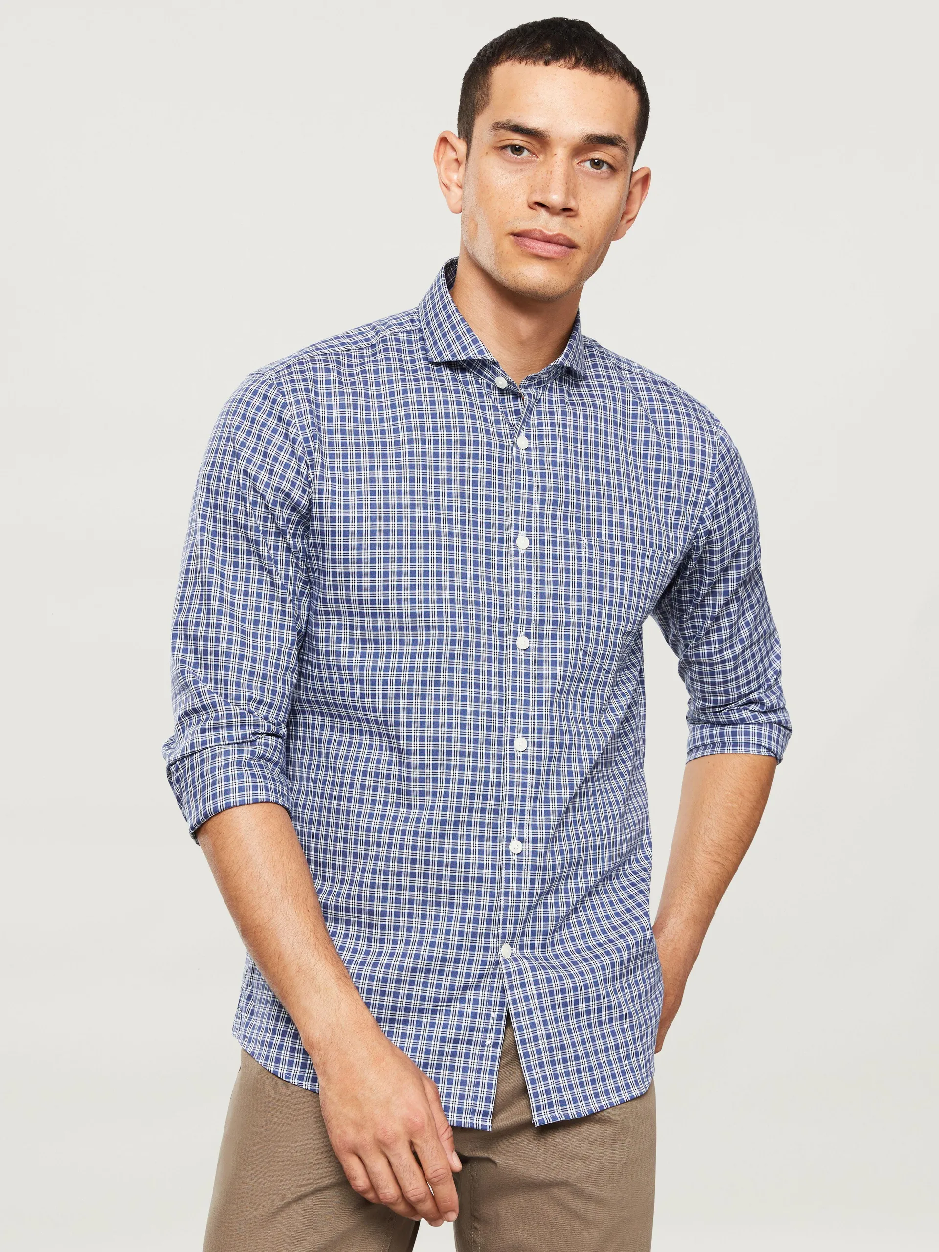 Prince of Wales Check Slim Fit Blue Shirt