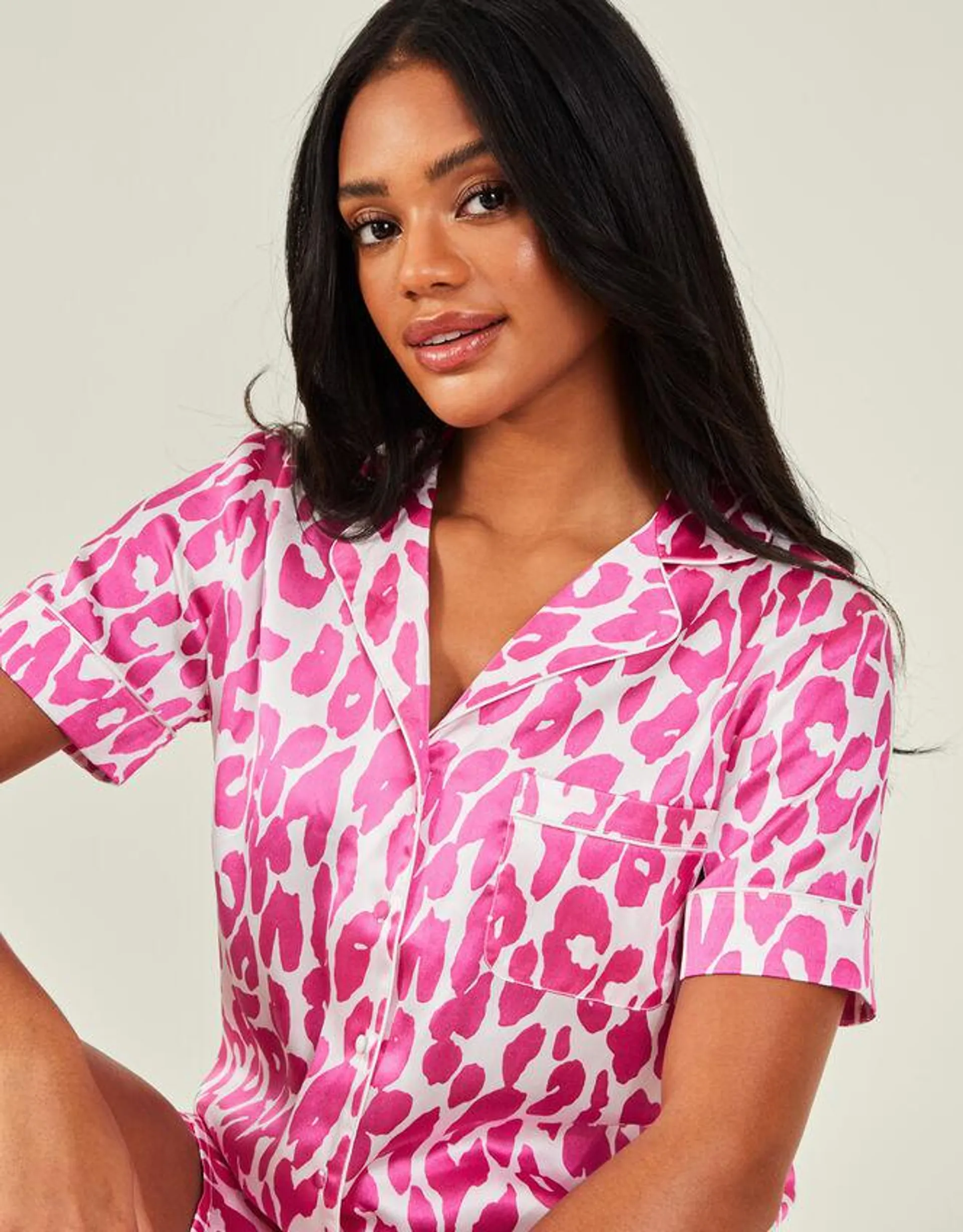 Leopard Print Satin Pyjama Set Pink