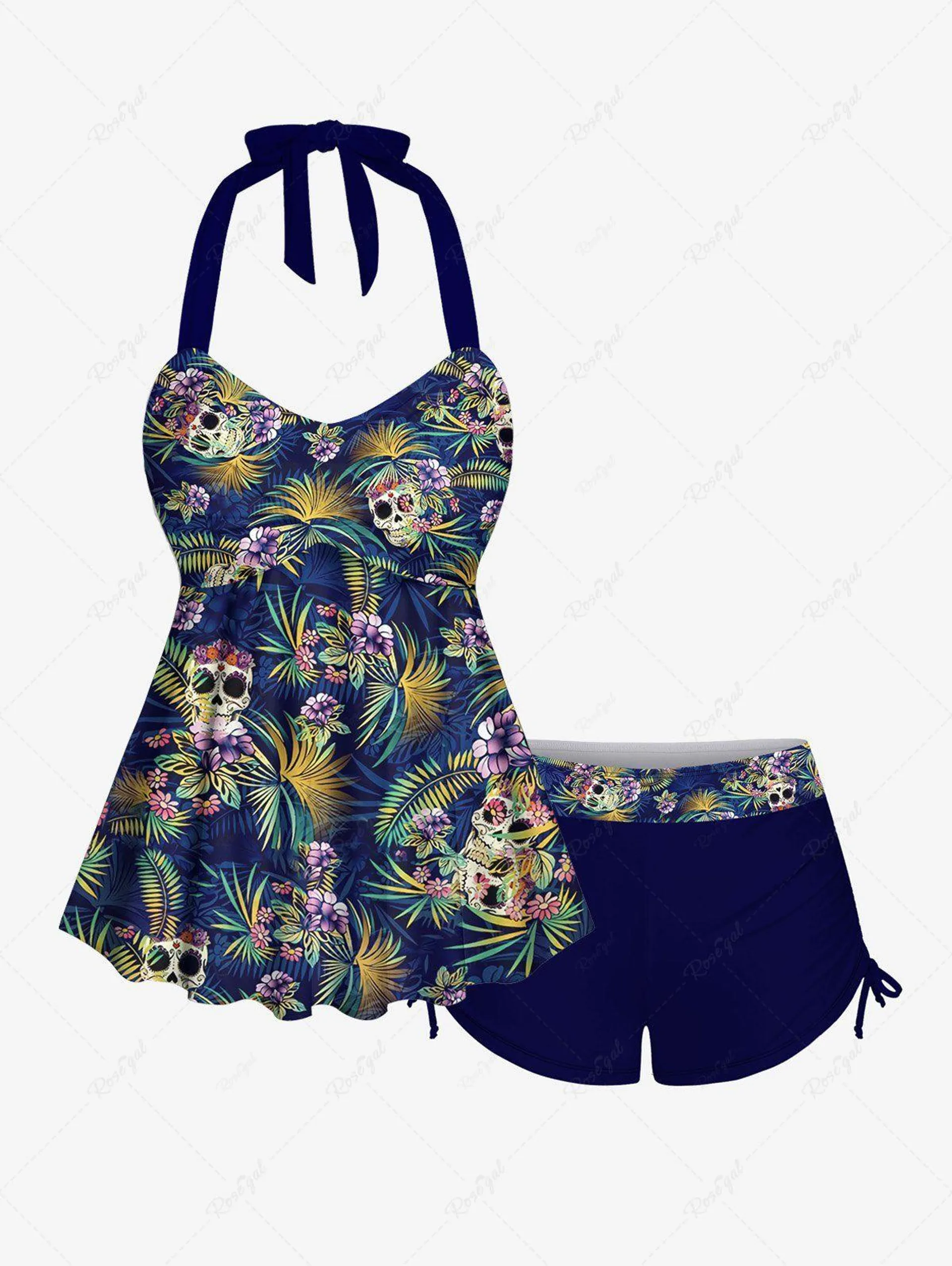 Fashion Skulls Floral Coconut Leaves Print Halter Twist Backless Cinched Hawaii Tankini Swimsuit - 2x