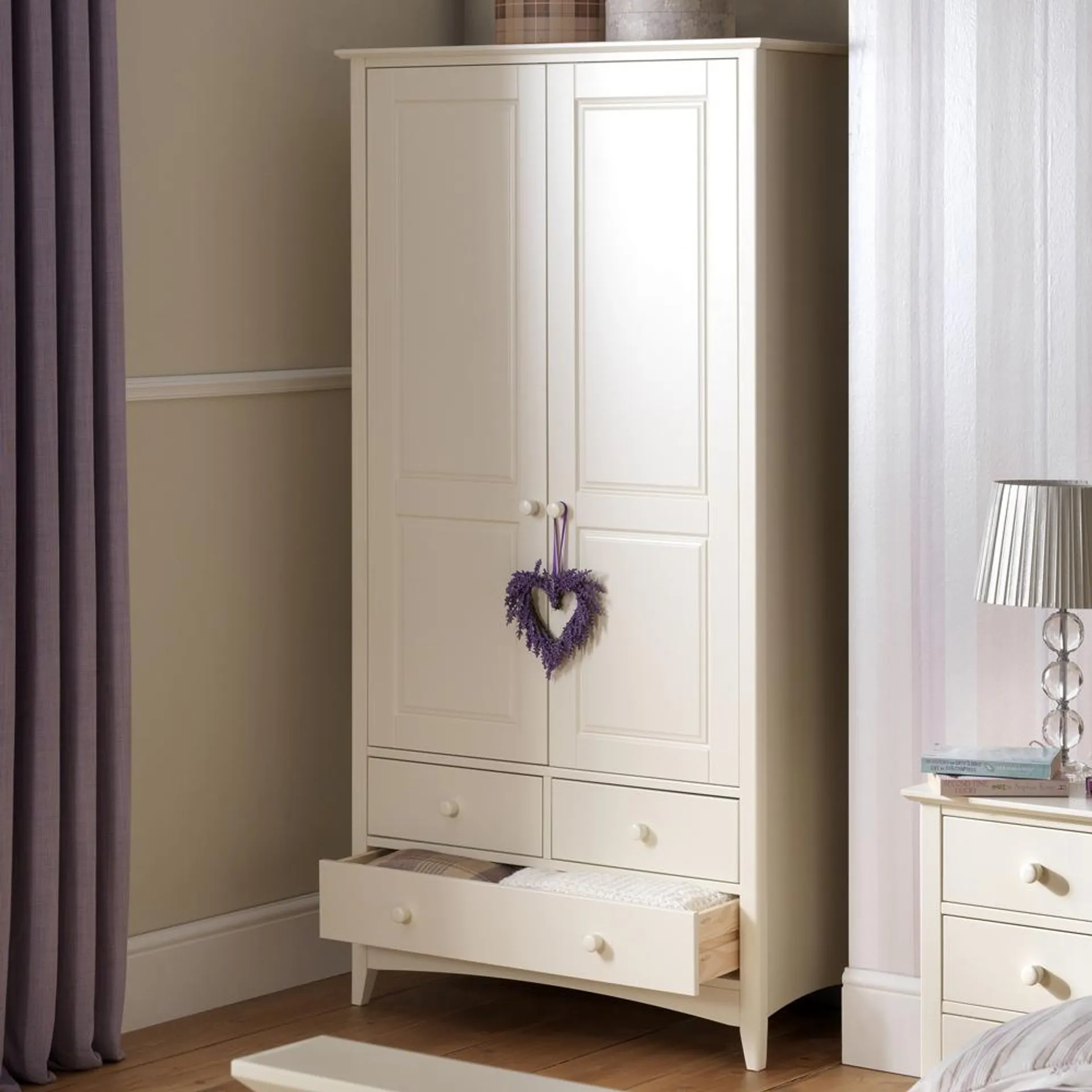 Julian Bowen Cameo 2 Door 3 Drawers Stone White lacquered Wardrobe