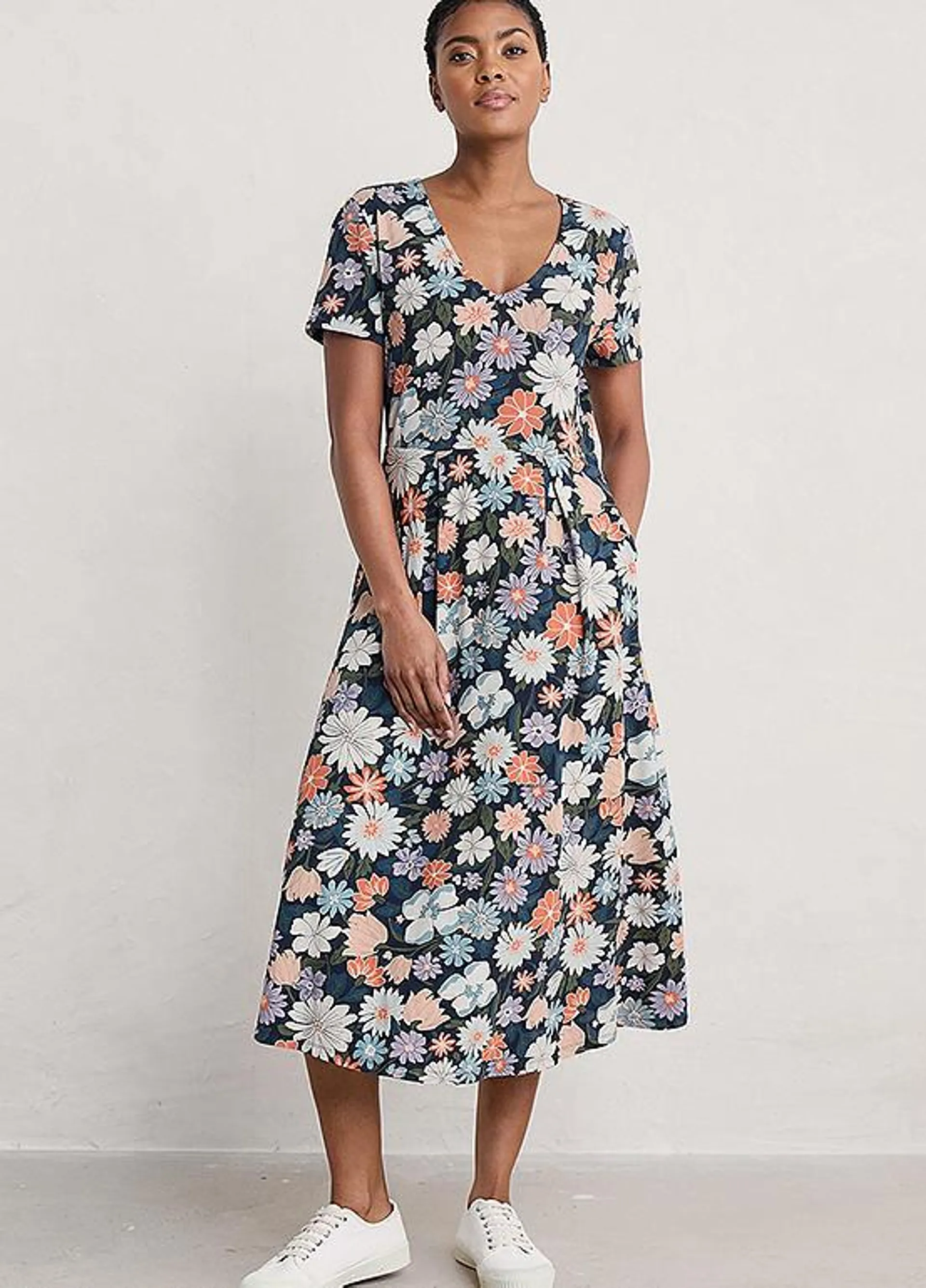 Seasalt Cornwall Navy Helena Short Sleeve V-Neck Midi Dress