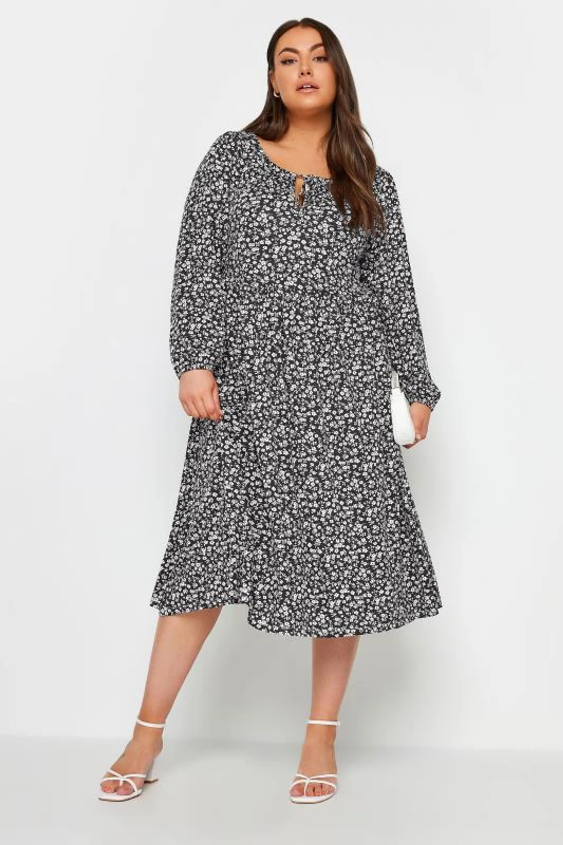 YOURS Curve Black Ditsy Floral Print Midaxi Dress