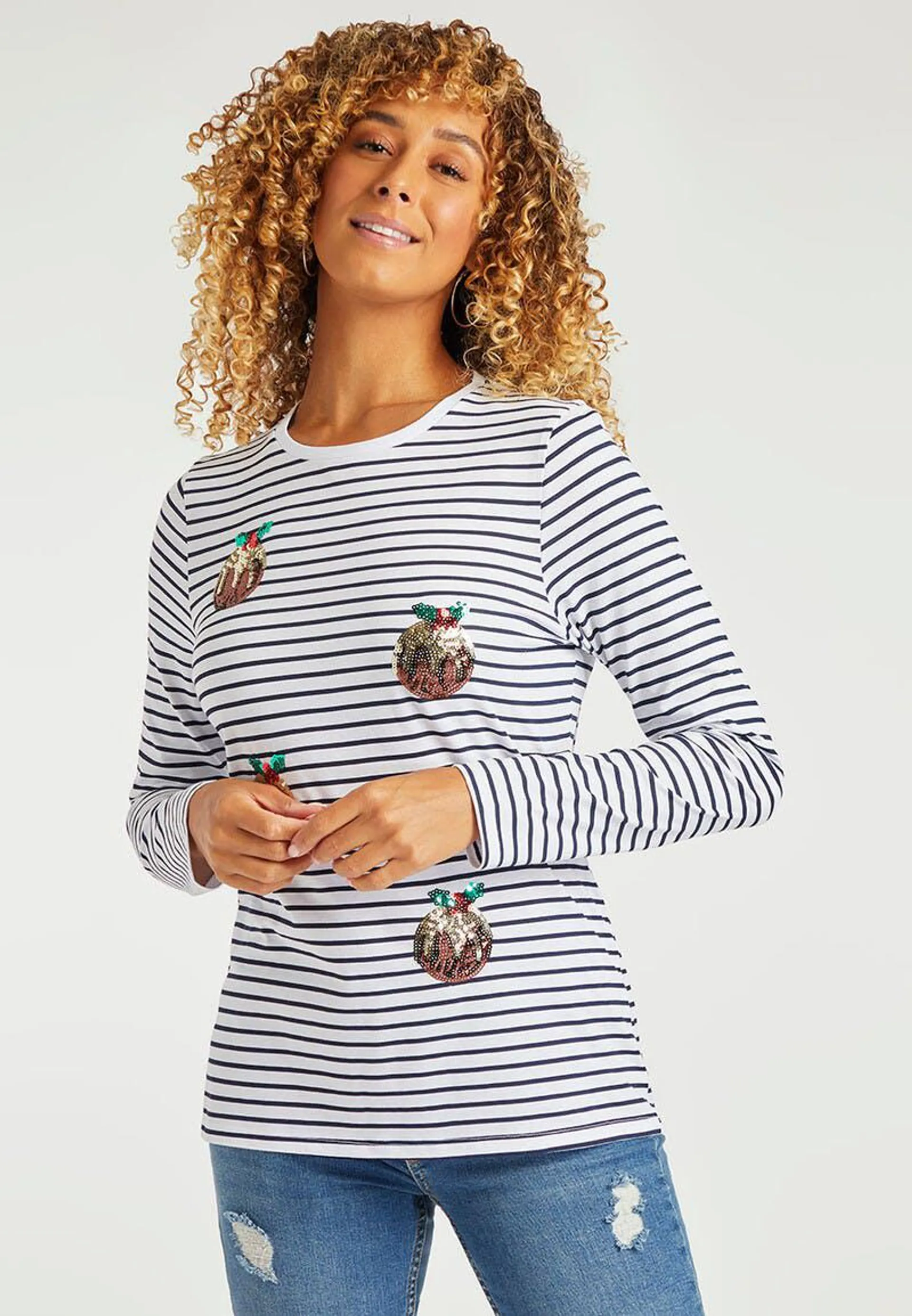 Womens Navy Stripe Christmas Pudding T-Shirt