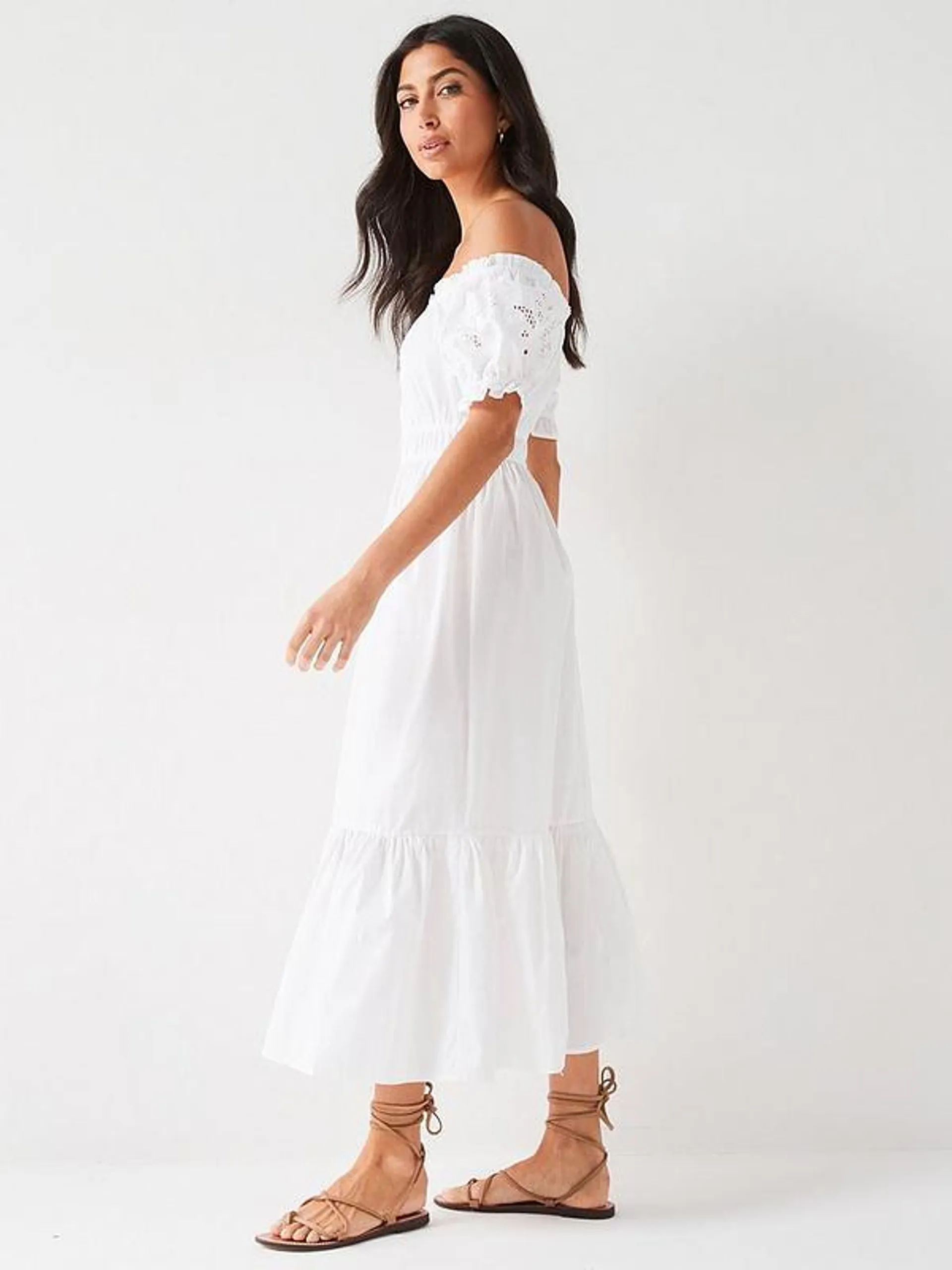 Broderie Sleeve Woven Jersey Mix Midaxi Dress - White