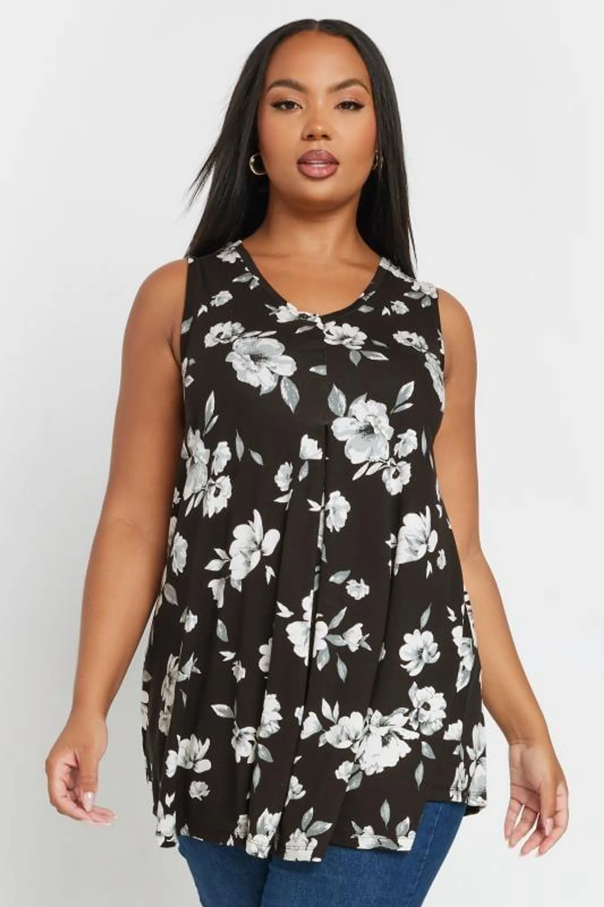 YOURS Curve Black Floral Print Swing Vest Top