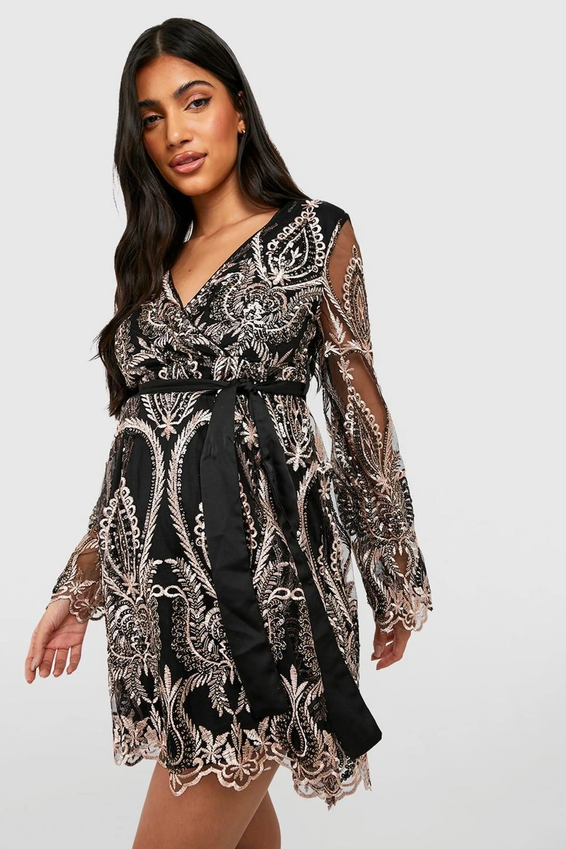 Maternity Damask Sequin Wrap Skater Dress