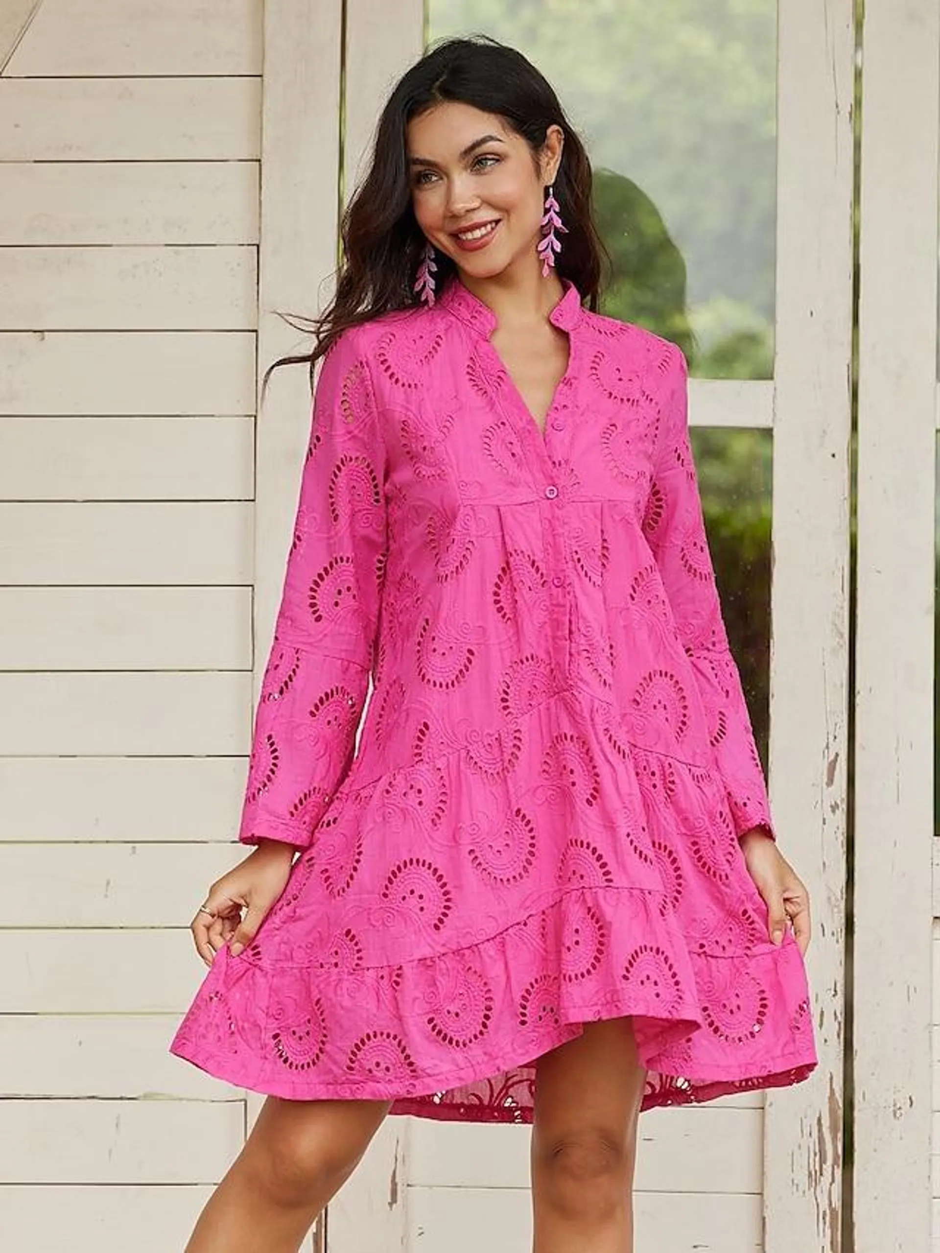 Women's Lace Dress Mini Dress Lace Hollow Out Basic Casual Crew Neck 3/4 Length Sleeve Pink Color