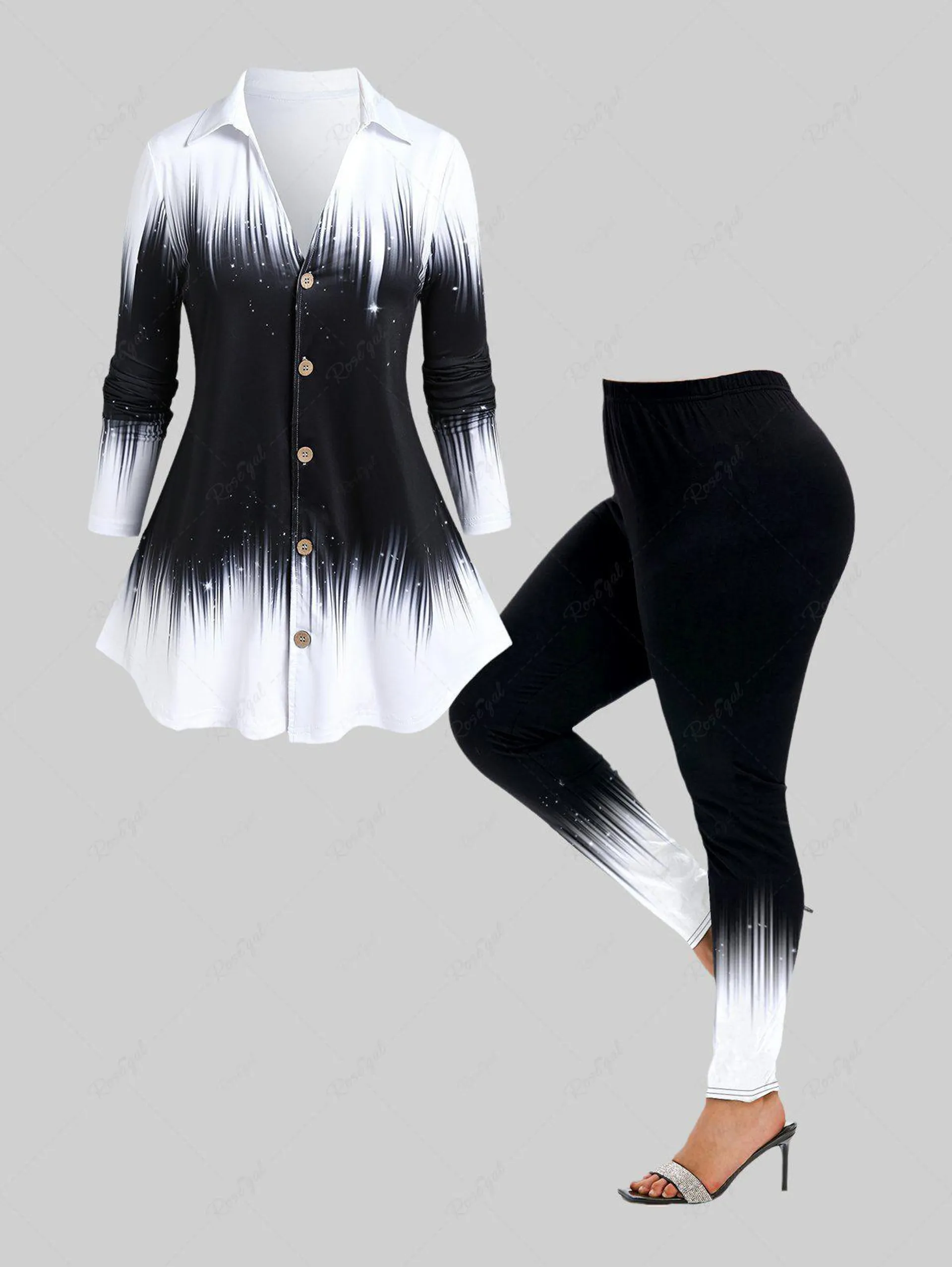 Monochrome Colorblock Button Up Shirt and Skinny Leggings Plus Size Outfit