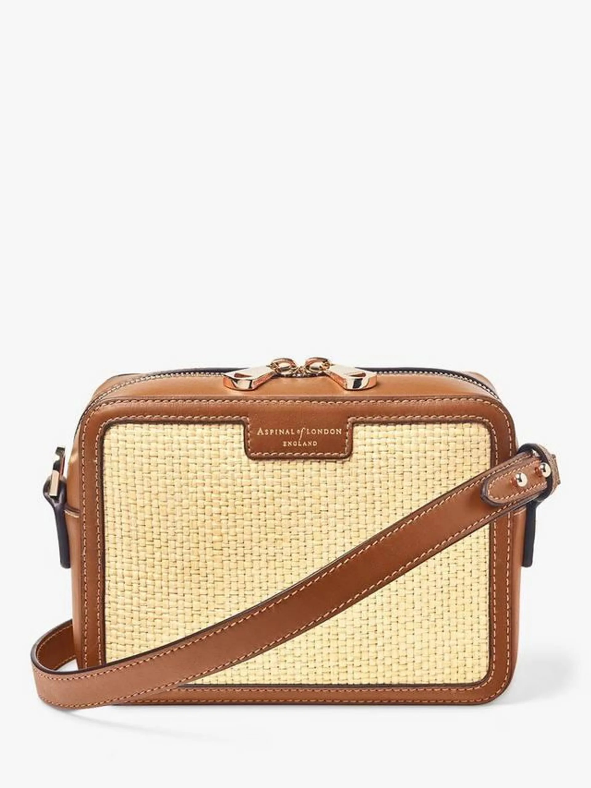 Leather Trim Raffia Camera Bag, Natural/Tan