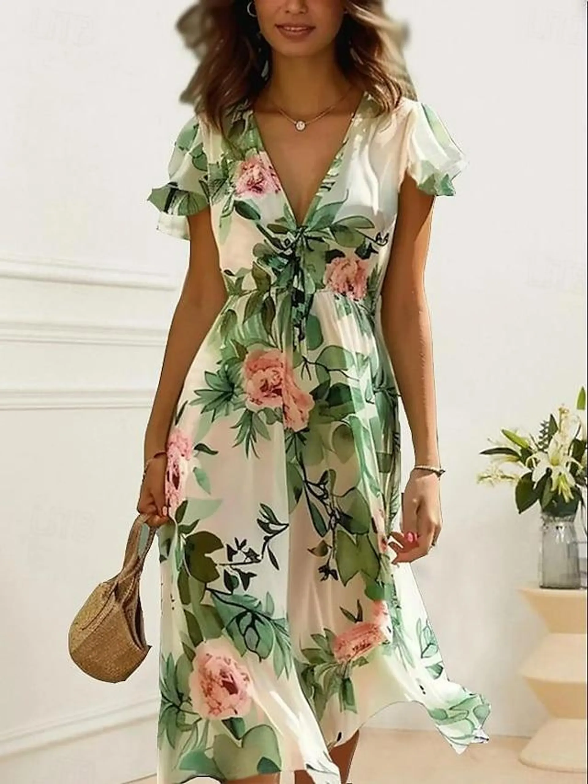 Women's Chiffon A Line Dress Floral Tie Front Ruffle V Neck Flounce Sleeve Midi Dress Elegant Casual Wedding Vacation Sleeveless Summer